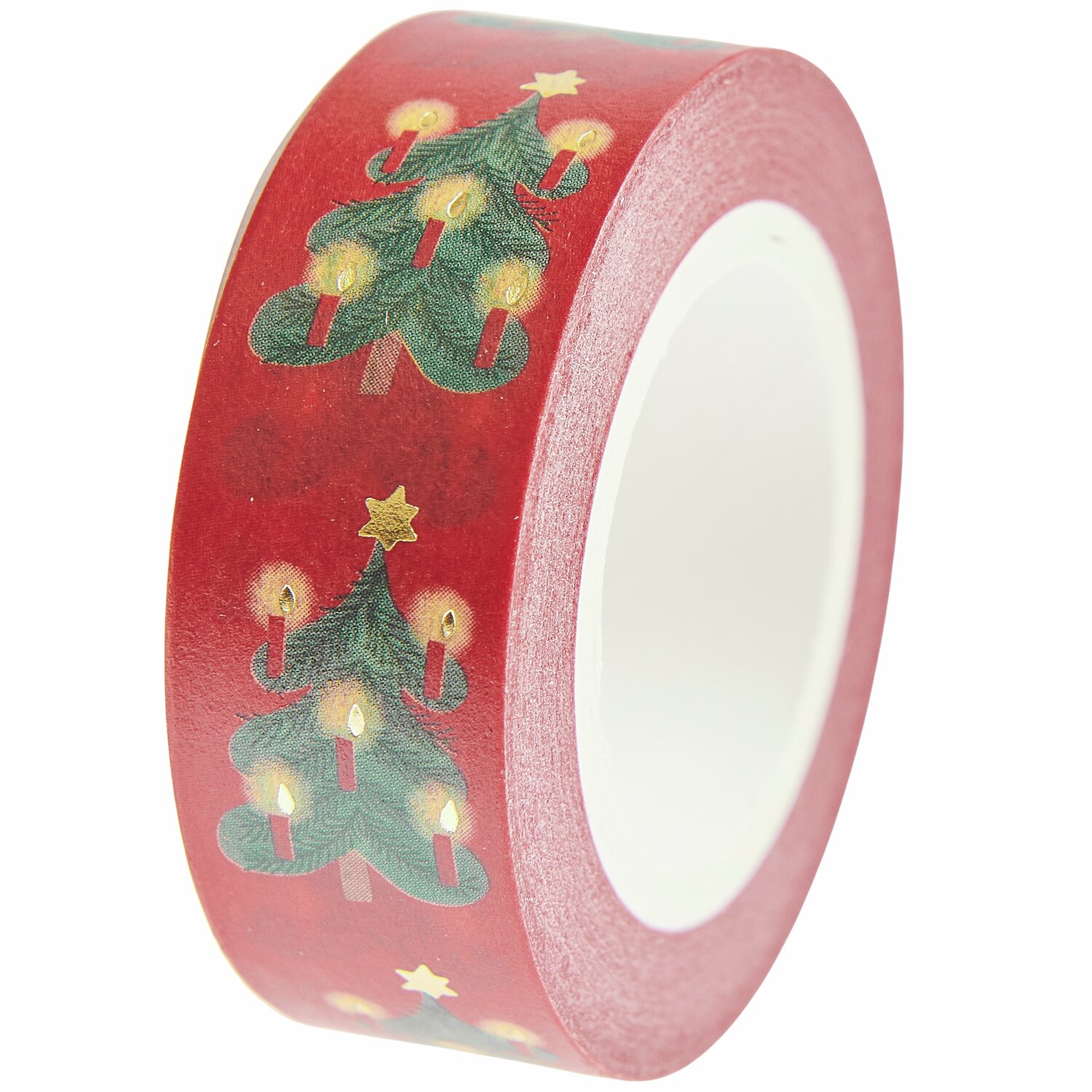 Paper Poetry Tape Weihnachtsbäume Rot mit Weihnachtsbaum-Motiv und Kerzen, 1,5cm x 10m, von Rico Design.
