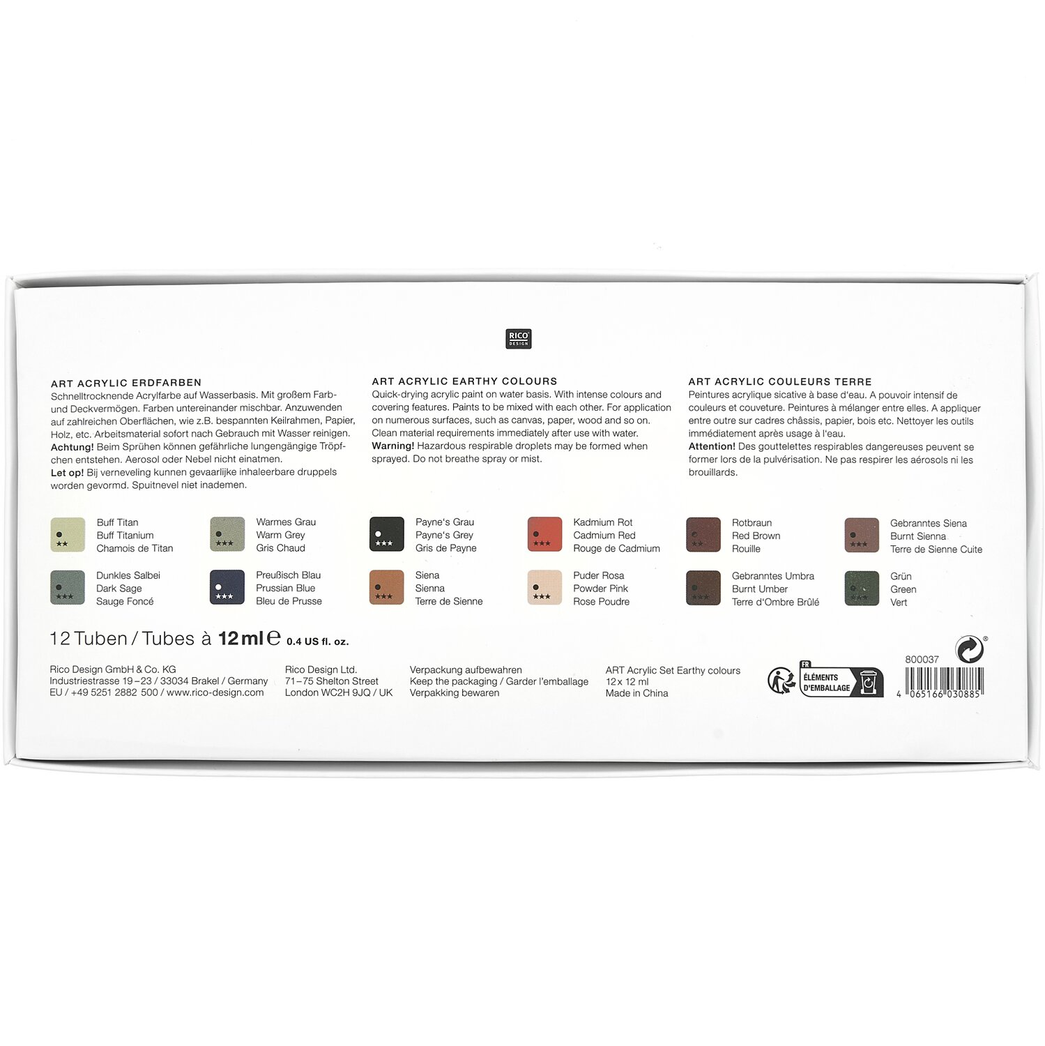 ART Künstler Acrylfarben-Set Erdfarben 12x12ml zeigt 12 Tuben in Erdtönen auf weißem Hintergrund. Ideal für kreative Projekte.