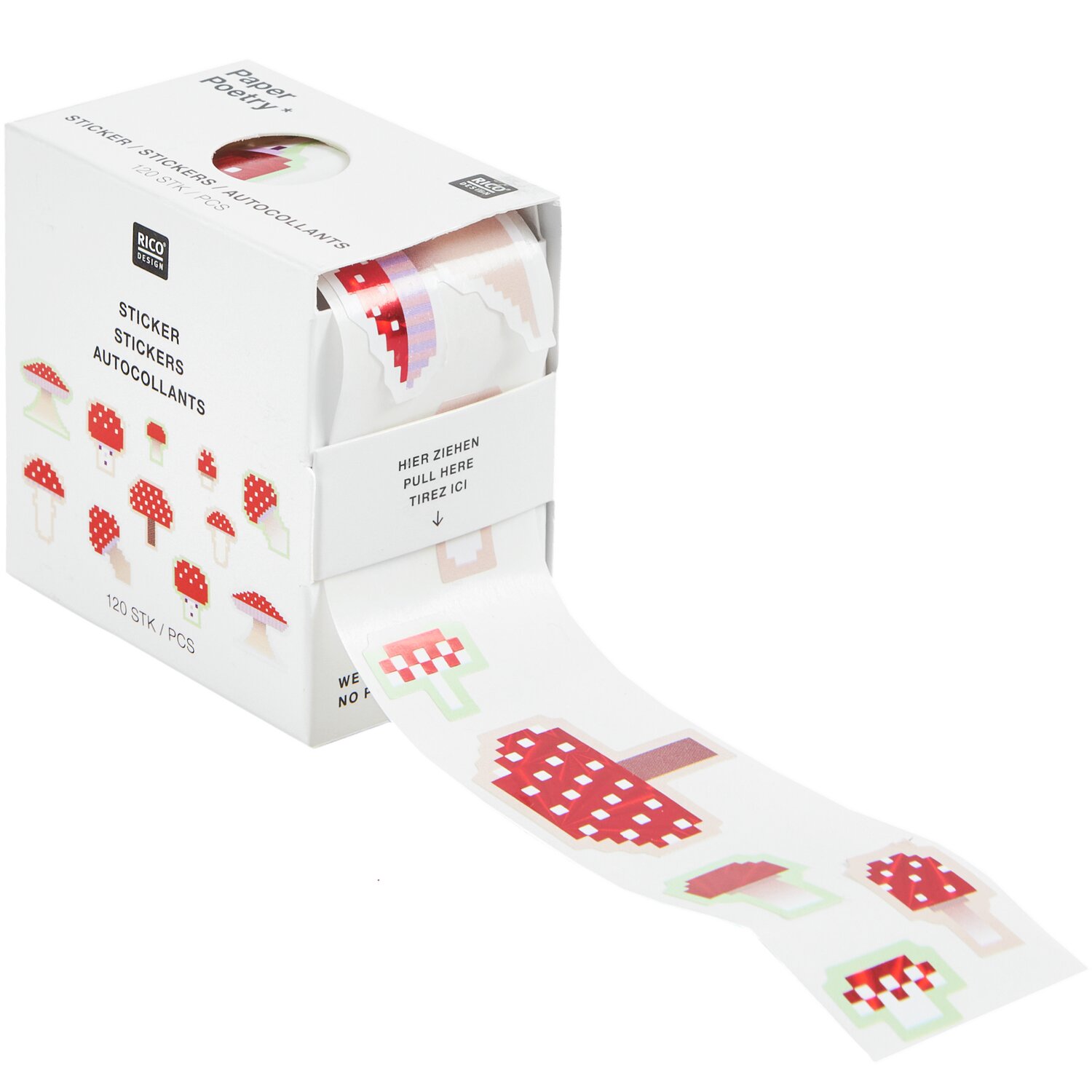 Paper Poetry Mini Sticker Shrooom Pixel auf der Rolle zeigt rote Pilzsticker auf weißem Hintergrund. Rolle mit 120 Stickern, Ø2,5cm.