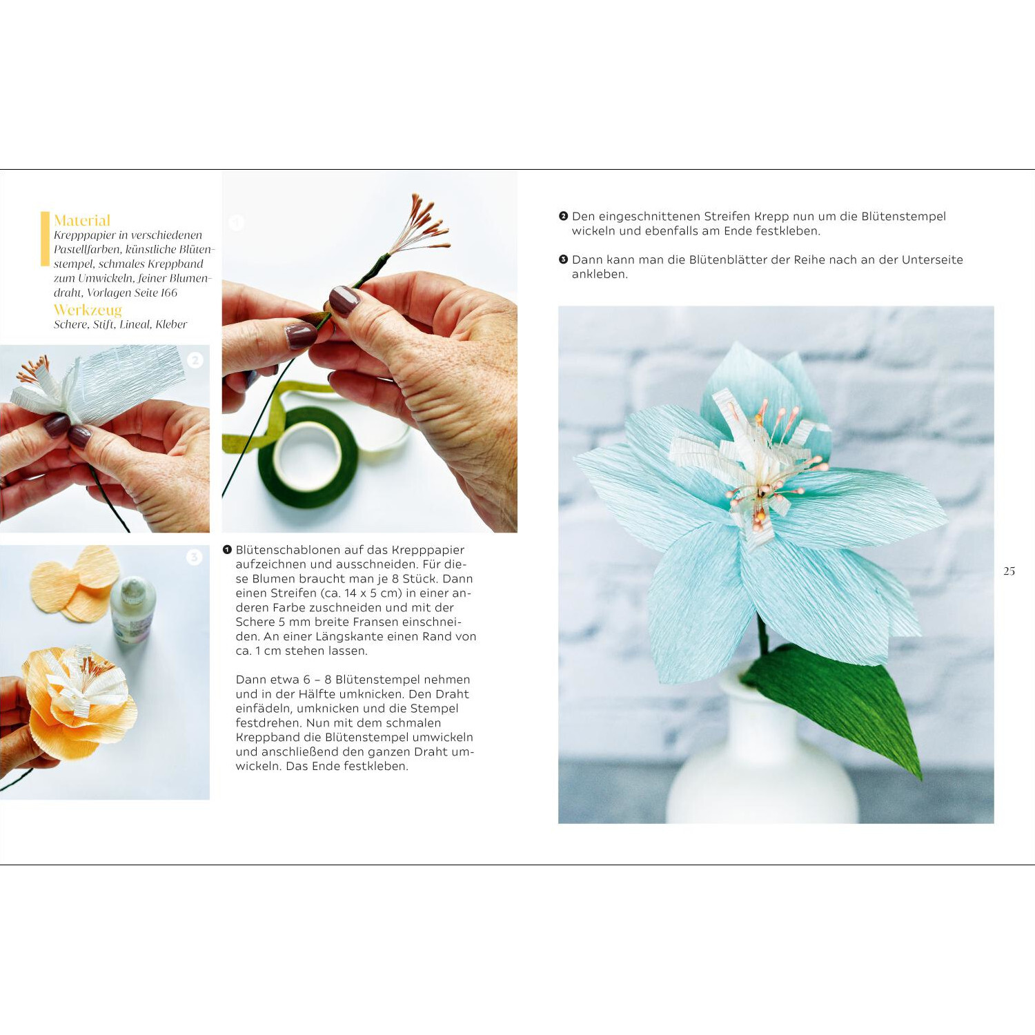 Kreative Papierdeko: Ideen für Feste und Partys. Anleitung zur Herstellung einer blauen Papierblume mit grünen Blättern, ideal für kreative Dekorationen.