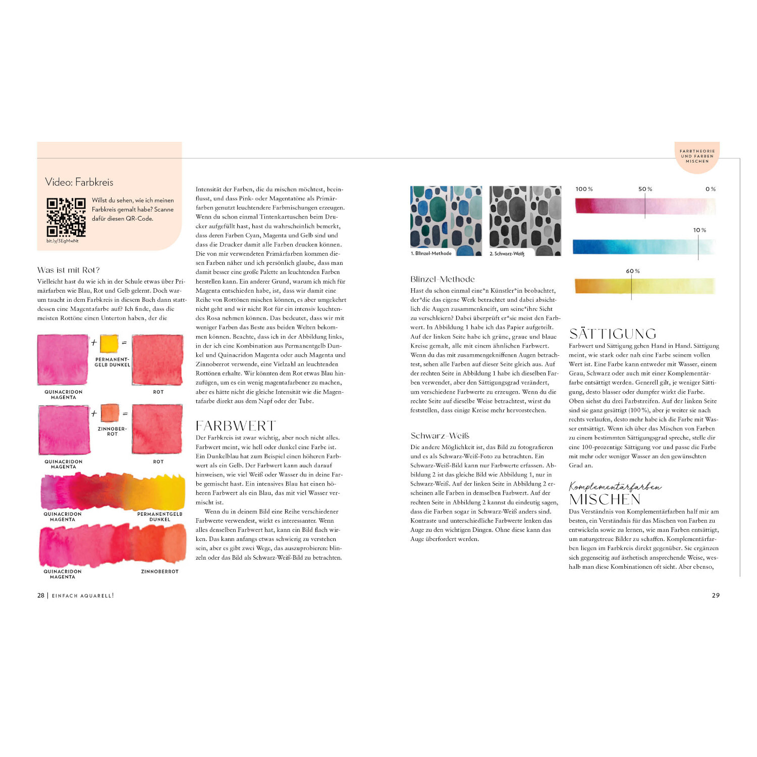 Einfach Aquarell! Dein Watercolor-Starter-Set: Doppelseite mit Farbverläufen und Mischtechniken in leuchtenden Tönen.