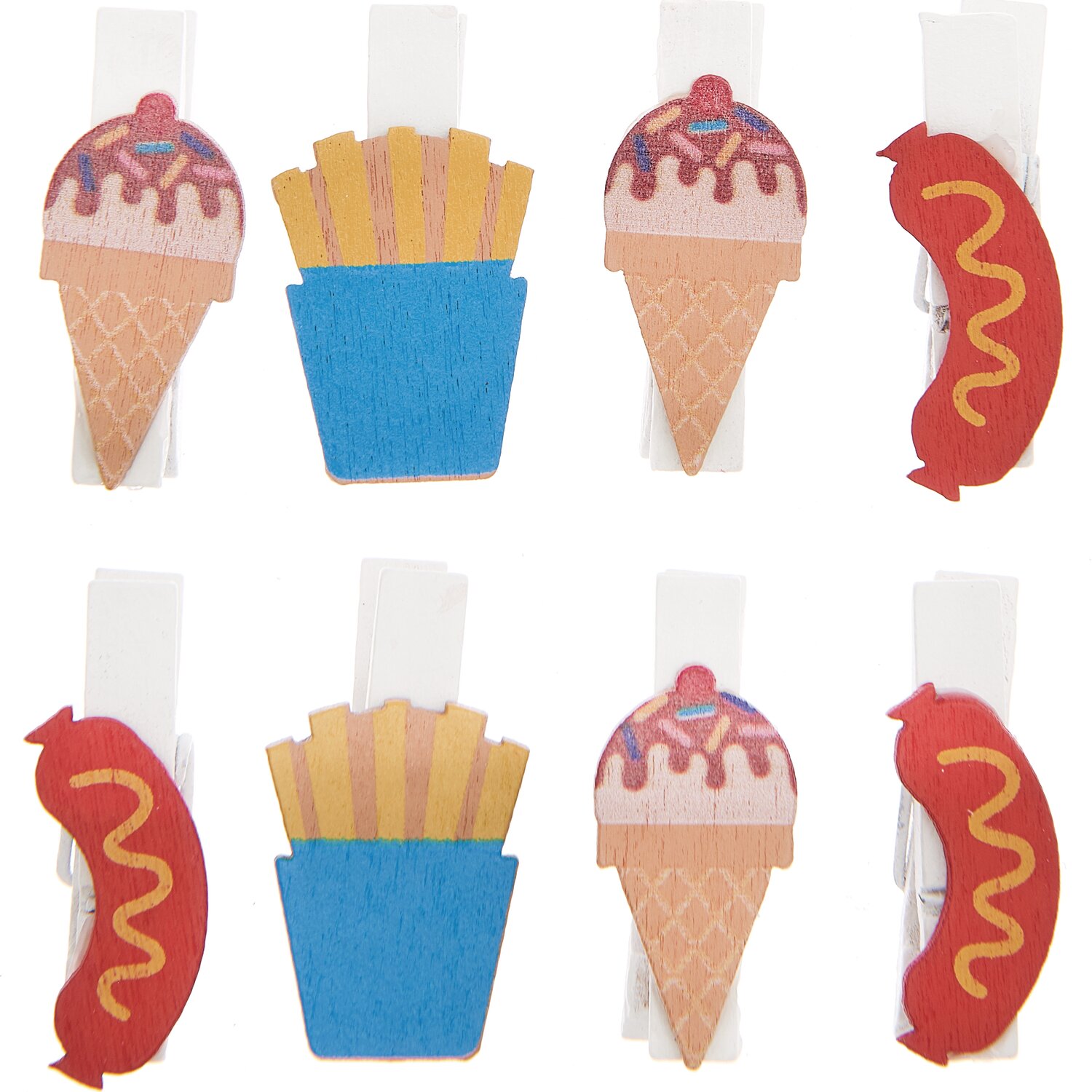 Dekoklammern Snack Mix 7x35mm 8 Stück mit bunten Motiven: Eis, Pommes und Wurst. Ideal für kreative Dekorationen.