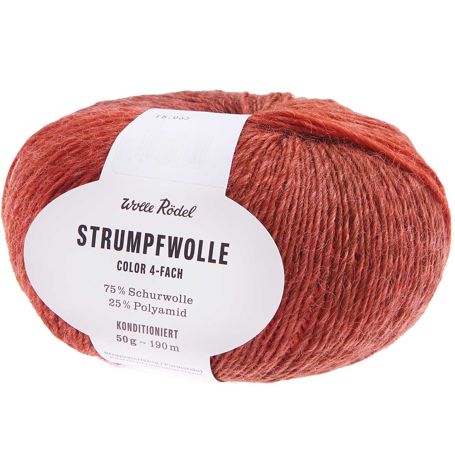 Strumpfwolle Color 4-fach in Rost Mix von Wolle Rödel, 75% Schurwolle, 25% Polyamid, 50g.
