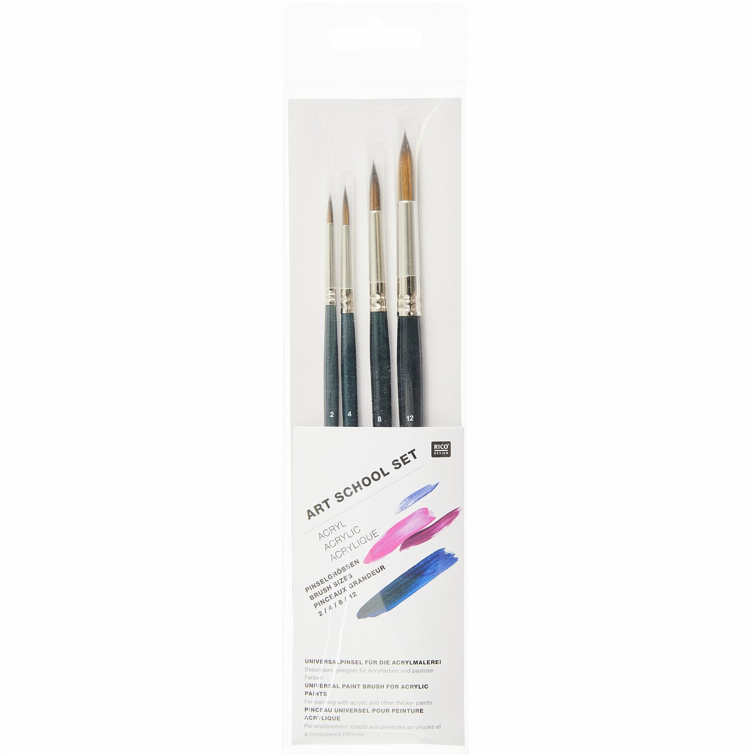 Pinsel Art School Acryl Set, 4-teilig von Rico Design, ideal für präzises Malen.