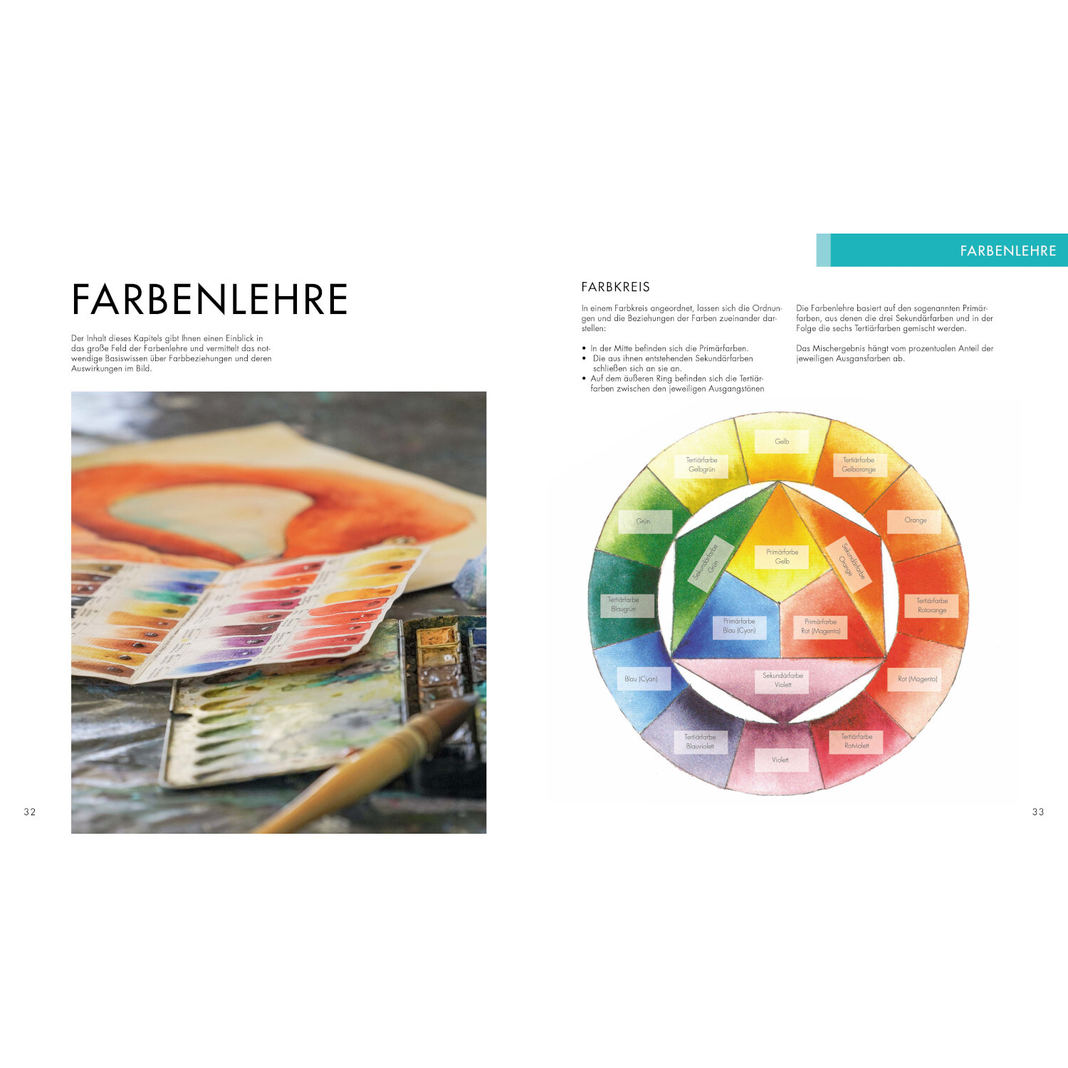 Das neue Aquarell Praxis Buch zeigt eine Farbpalette und einen Farbkreis auf einer Doppelseite.