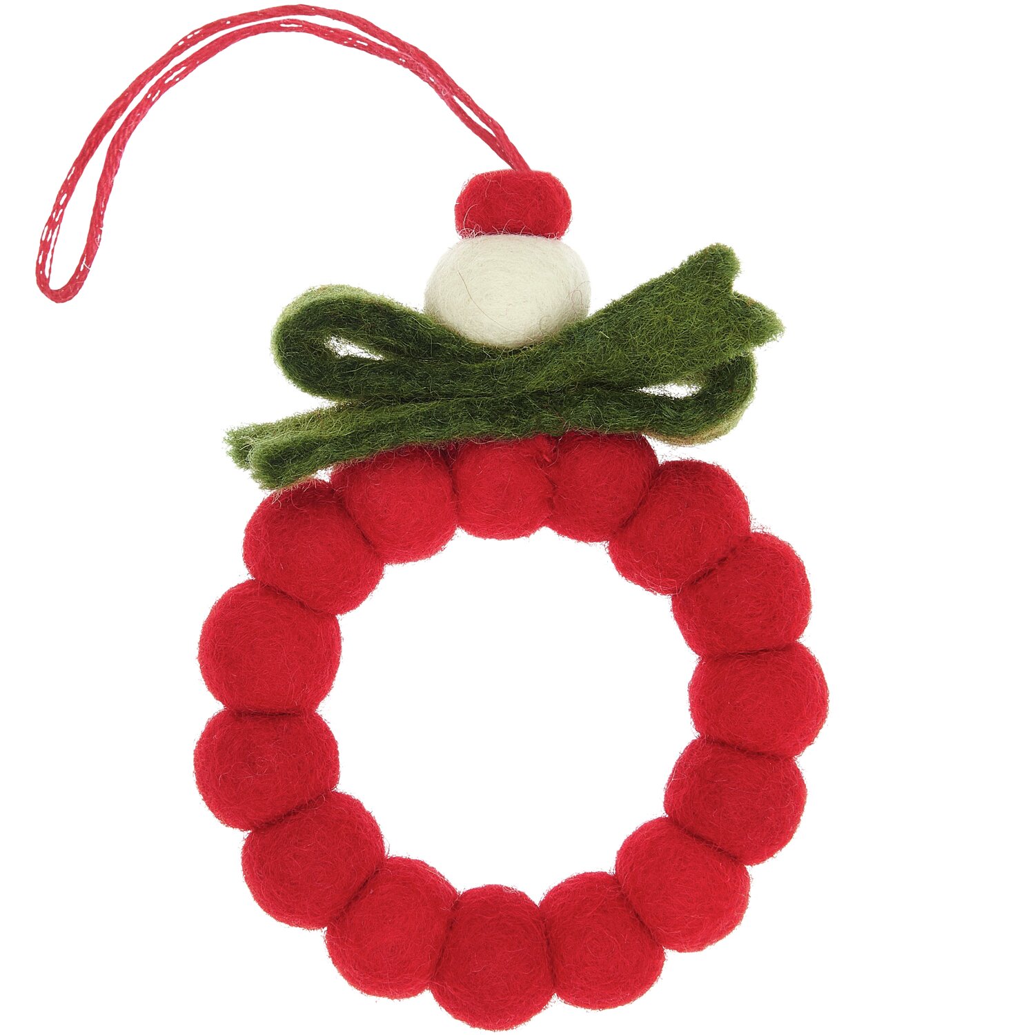 Aufhänger Filzkugeln Kranz Rot/Grün: Dekorativer Kranz aus roten Filzkugeln mit grünem Filzband, ideal für festliche Anlässe. Maße: 11x8,6x2cm.