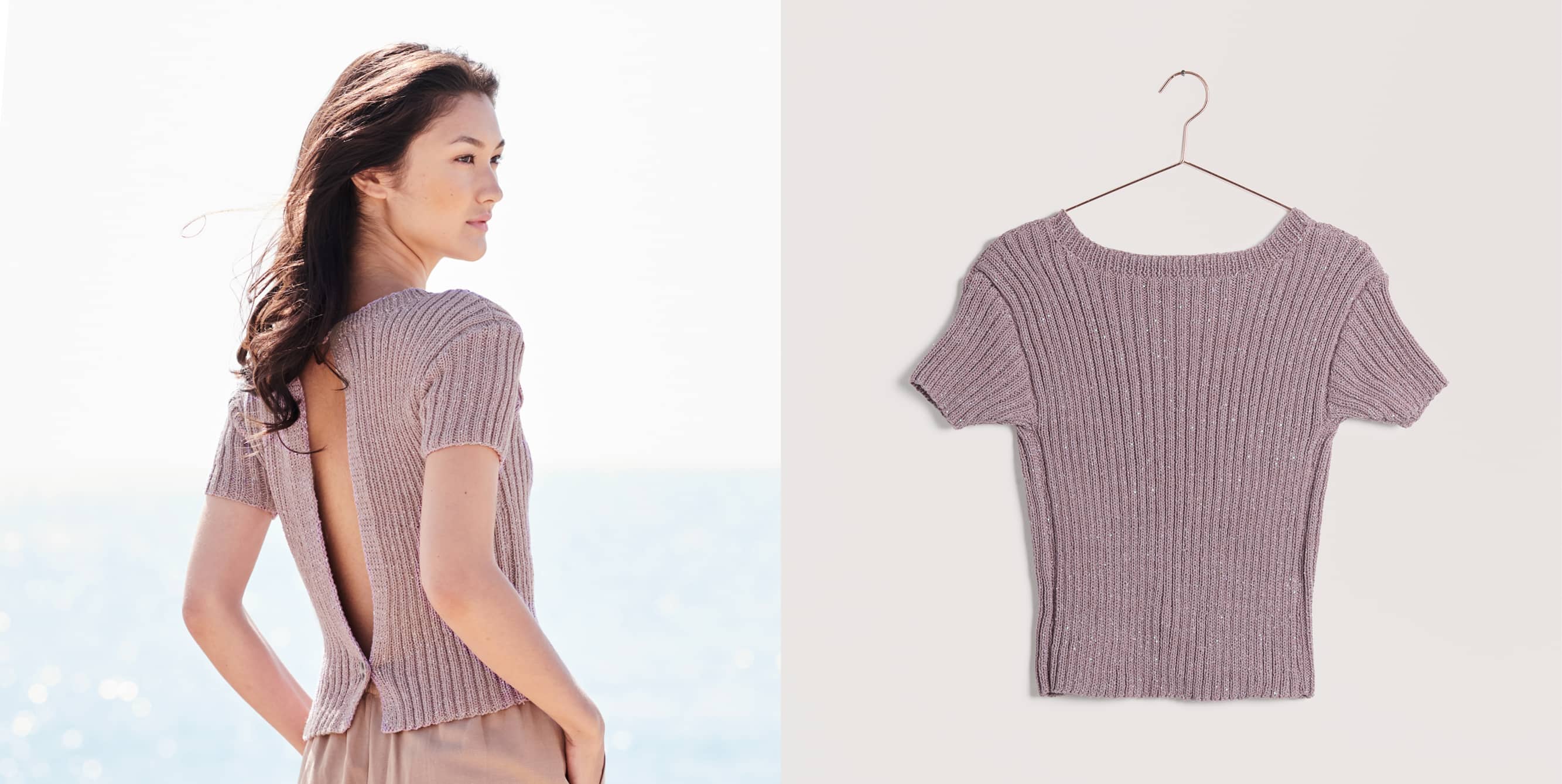 Gestricktes Shirt Modell 14 aus Lovewool No. 22 getragen an einer Frau und platziert auf einem Bügel.