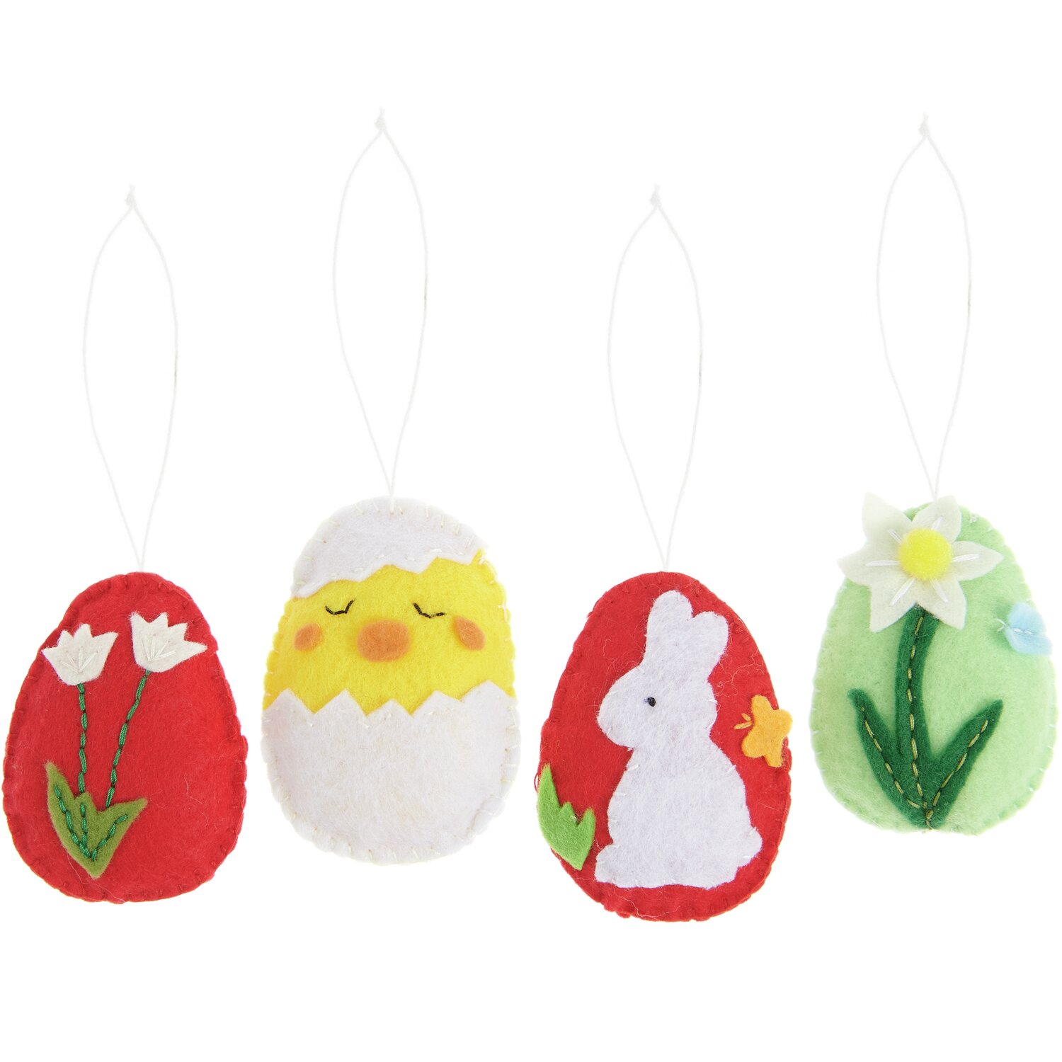 Aufhänger Filz-Osterei 2D 4 Stück: Bunte Filz-Ostereier mit Blumen- und Tiermotiven, ideal für Osterdekorationen.