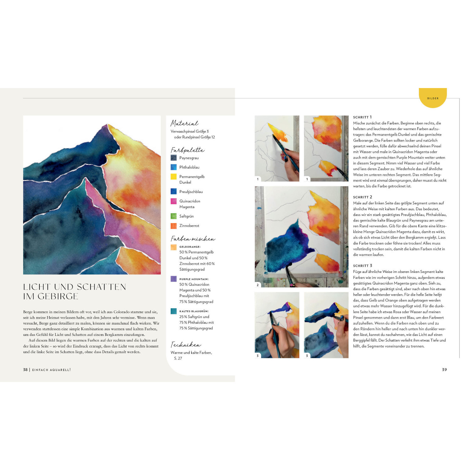 Einfach Aquarell! Dein Watercolor-Starter-Set zeigt eine Anleitung für Berglandschaften in Blau- und Orangetönen. Ideal für kreative Einsteiger.
