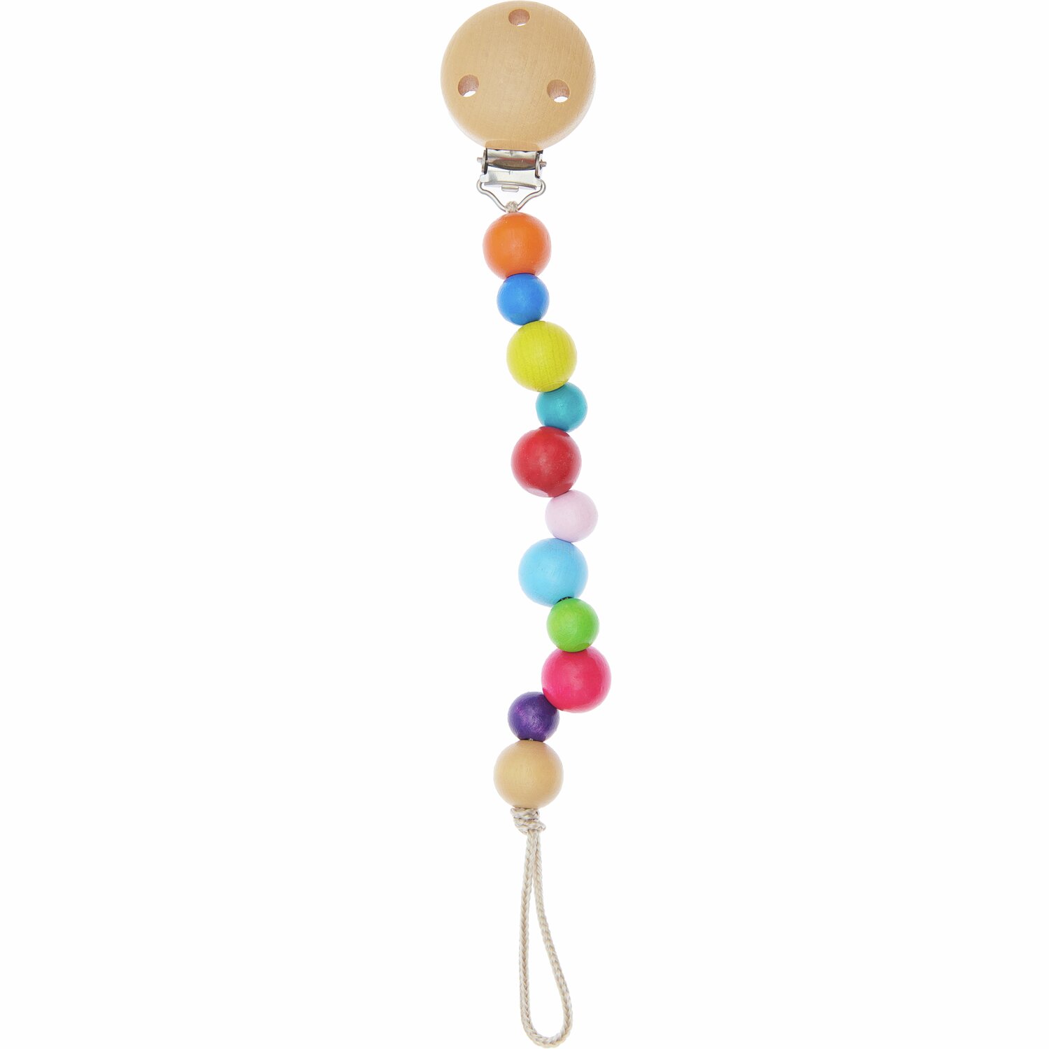 Schnullerhalter 3,5x25cm von Rico Design mit bunten Holzperlen und Clip, ideal für Babys.