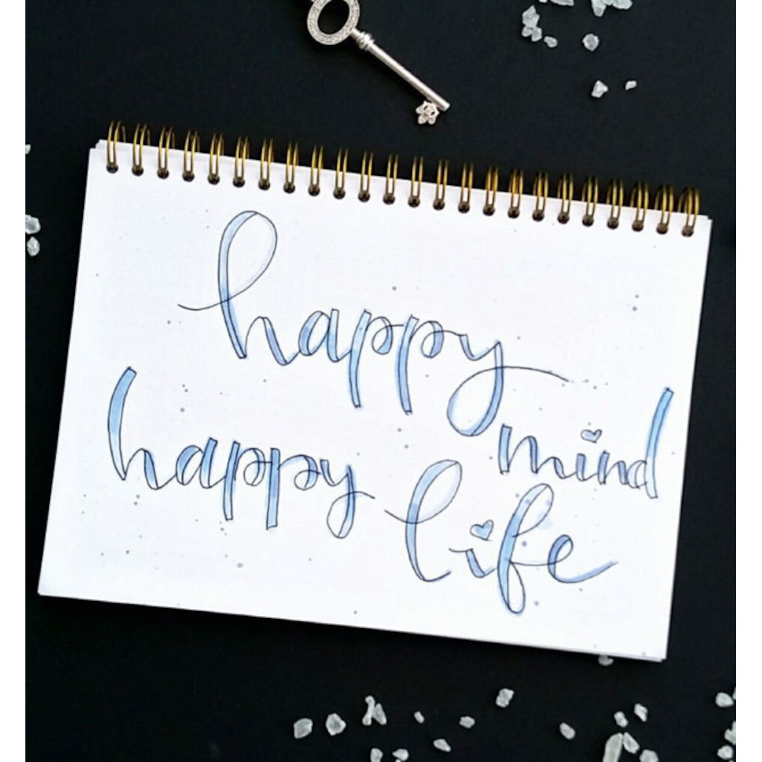 Handlettering. Das große Buch der Alphabete: Spiralblock mit blauem Schriftzug auf weißem Papier, umgeben von Dekoration auf schwarzem Hintergrund.