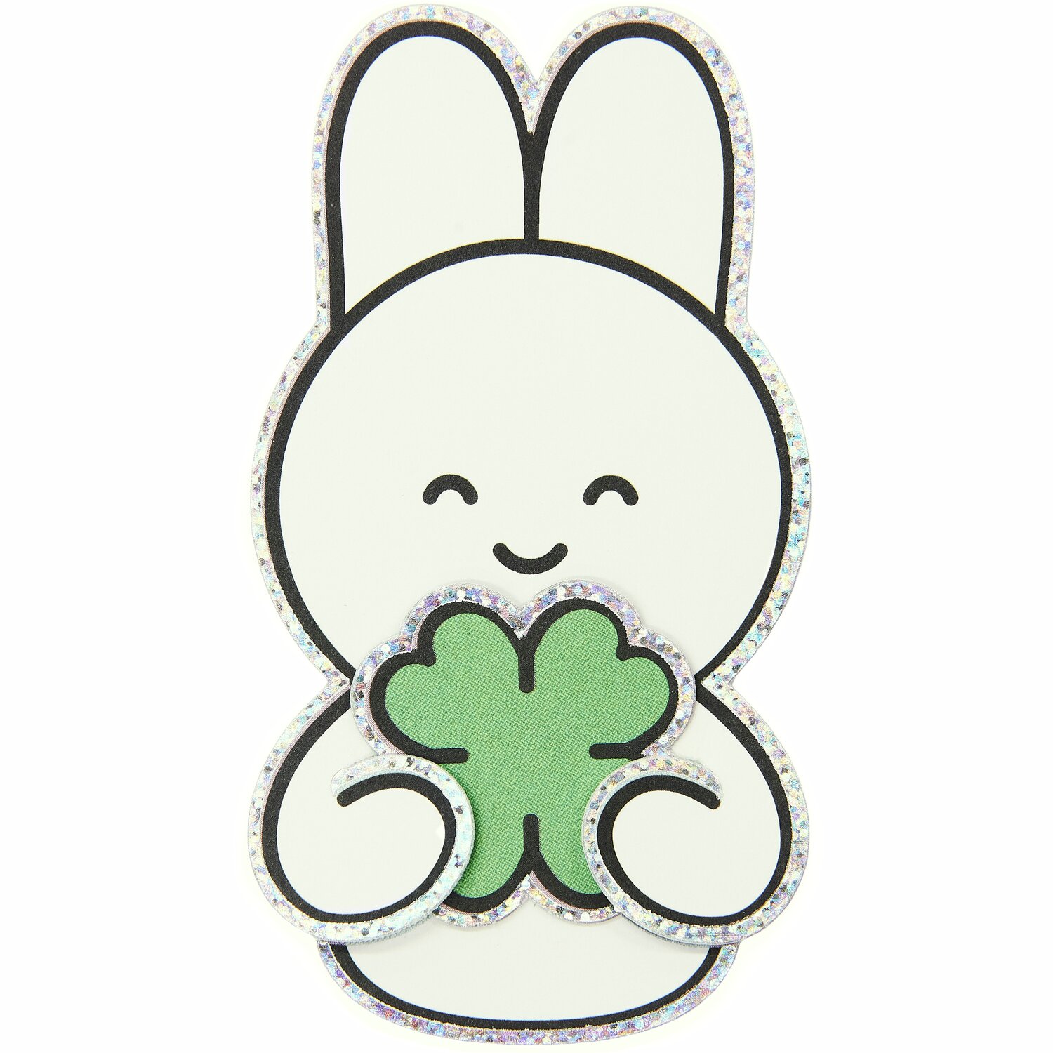 Paper Poetry Clip-Ons Chingu Sky: Weißer Hase mit grünem Kleeblatt, umrandet von Glitzer.