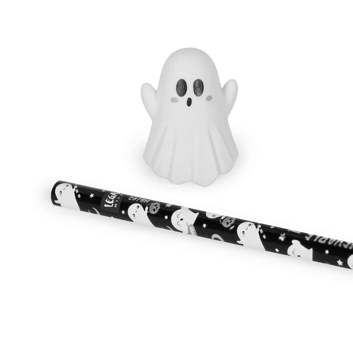 Bleistift mit Geist Radiergummi: Schwarzer Legami Bleistift mit Geistermotiven und passendem weißen Radiergummi in Geisterform.