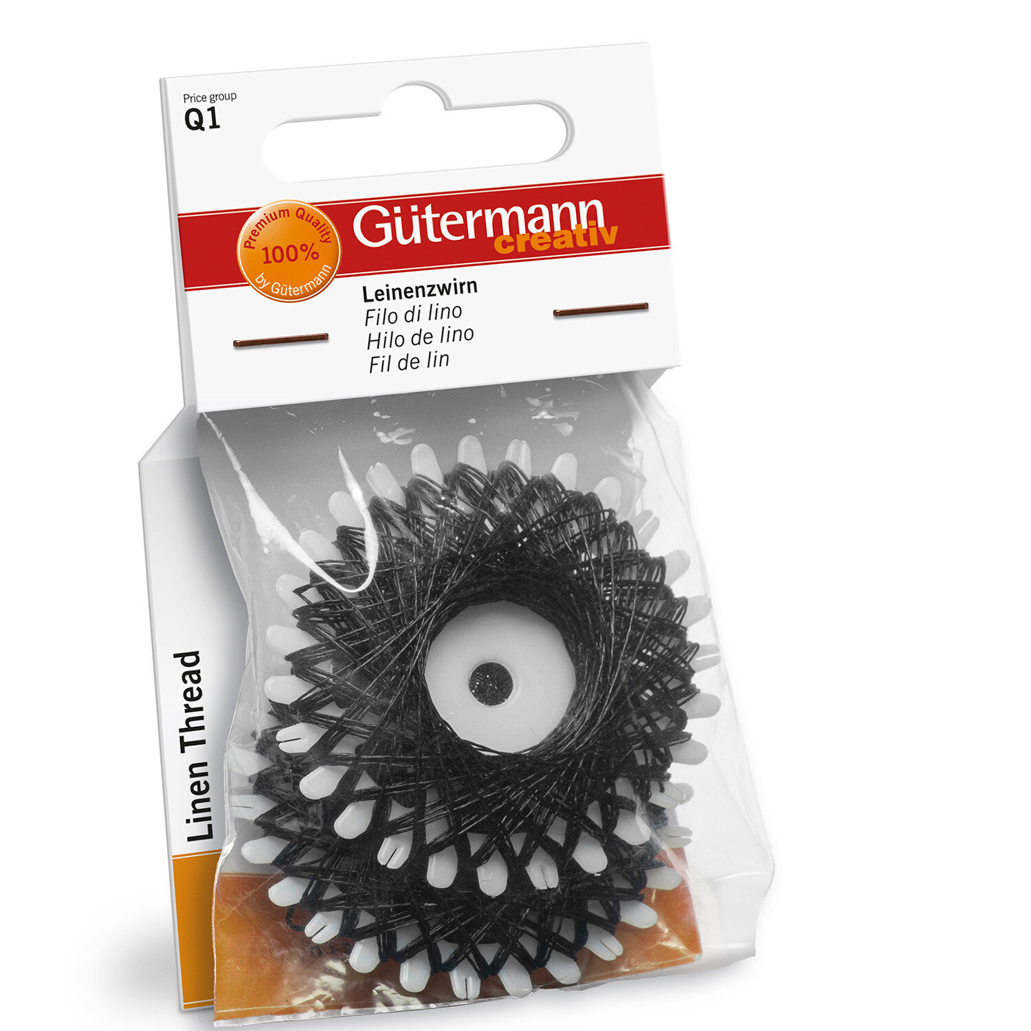 Sternchenzwirn schwarz 2x20m von Gütermann, verpackt in einer transparenten Hülle.