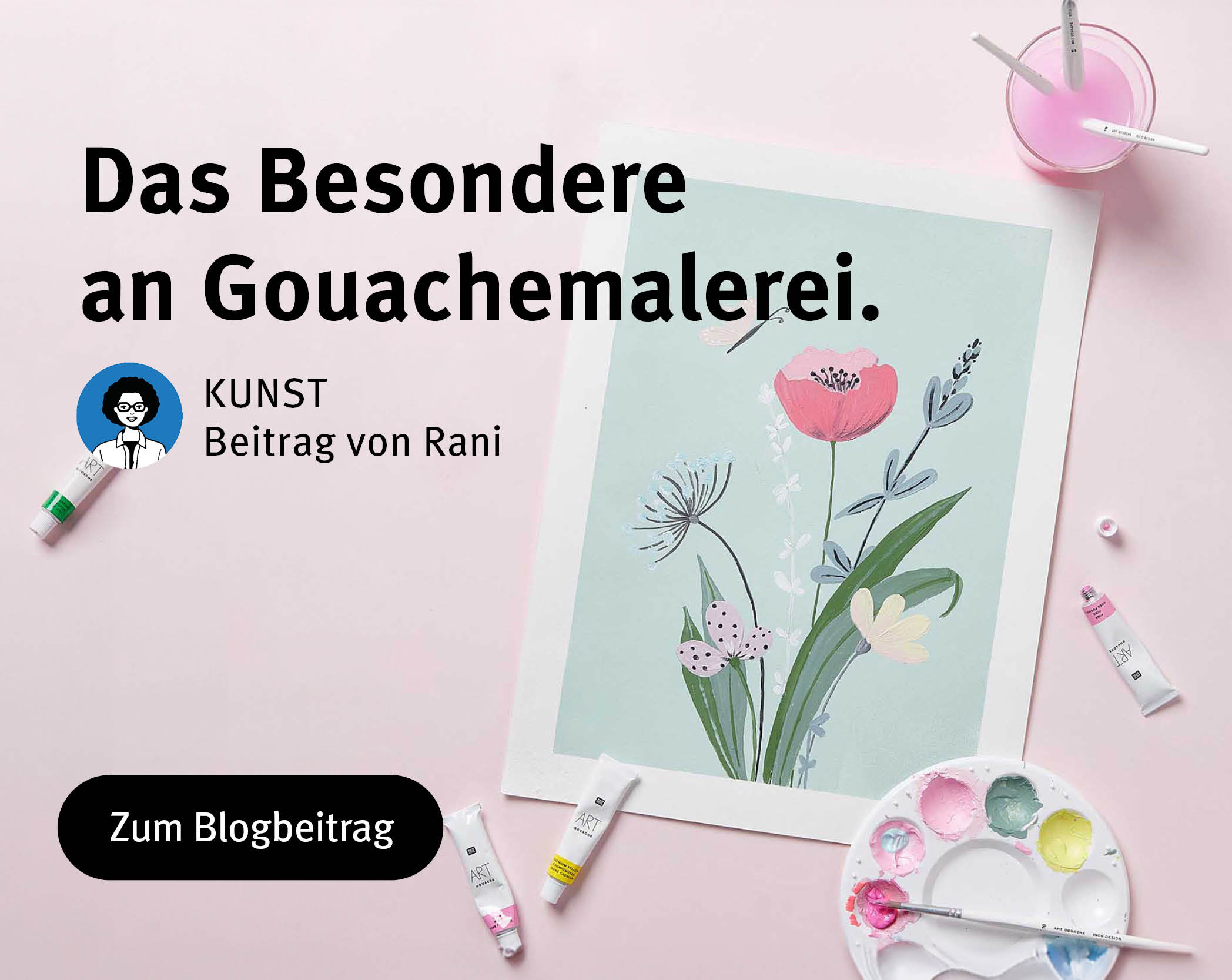 florales Gouache Bild zusammen mit kleinen Farbtuben und Pinseln