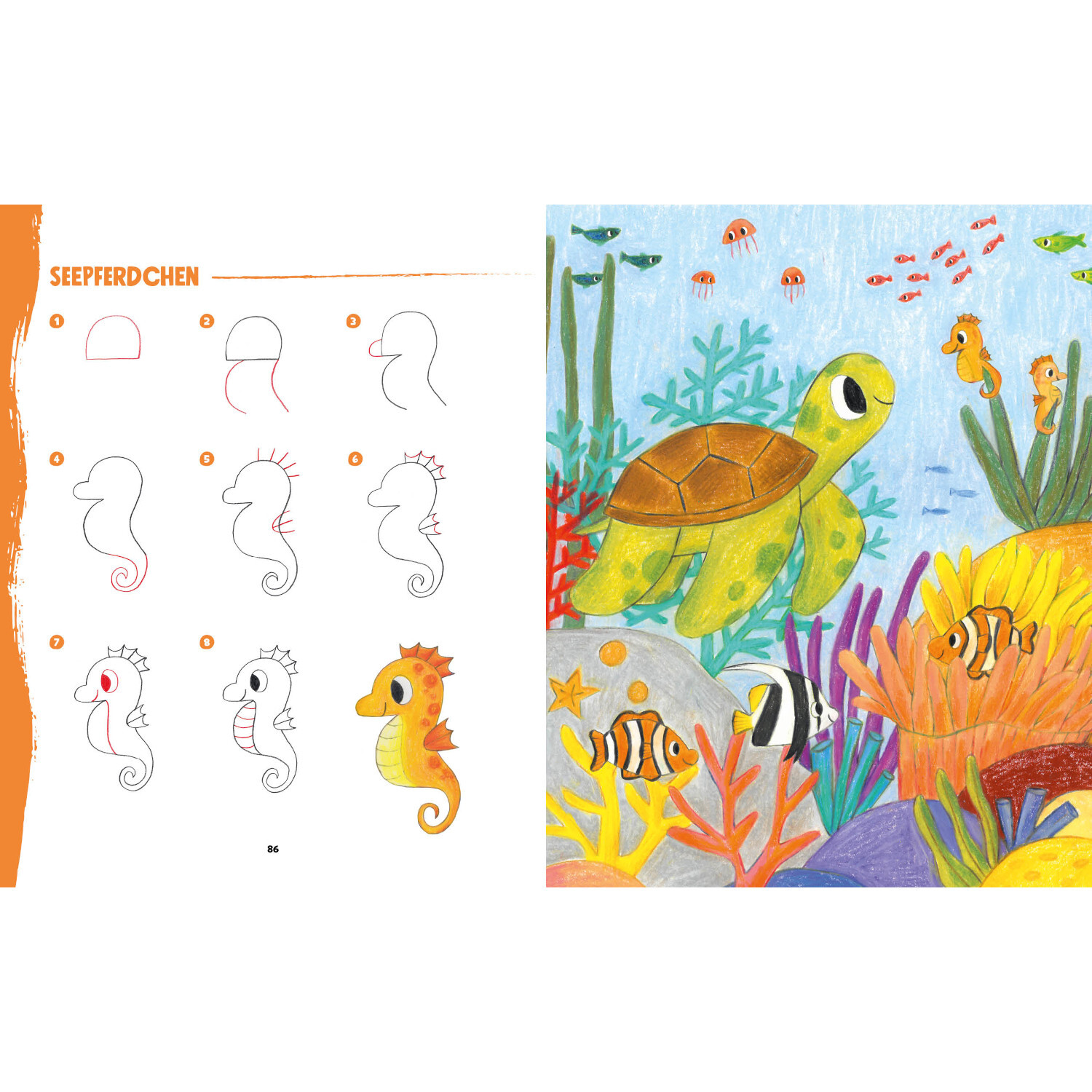 Tiere zeichnen für Kids: Anleitung zum Zeichnen eines Seepferdchens mit buntem Meeresbild.