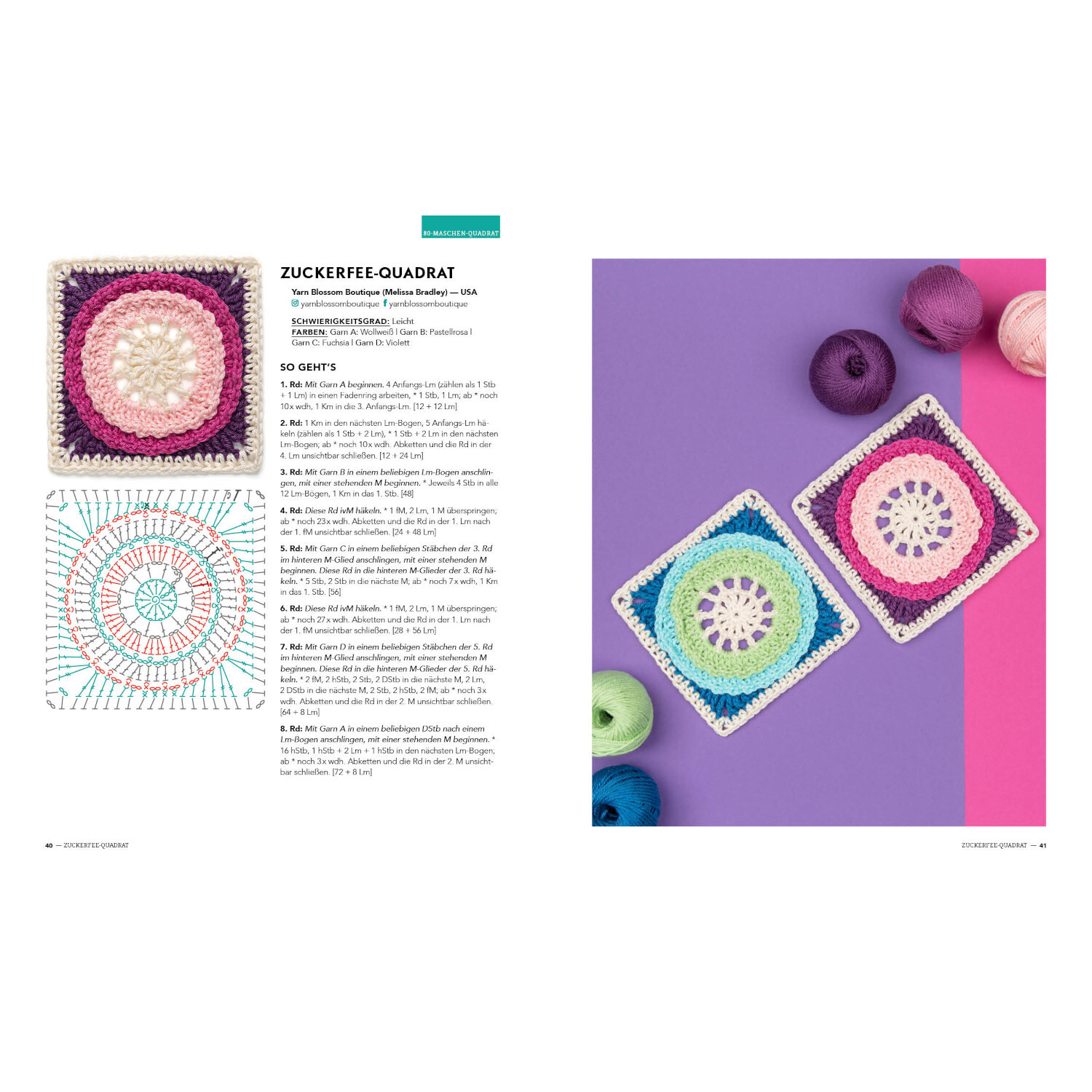 Musterbibel Granny Squares: Bunte Häkelquadrate auf lila Hintergrund mit Garnknäueln in verschiedenen Farben.