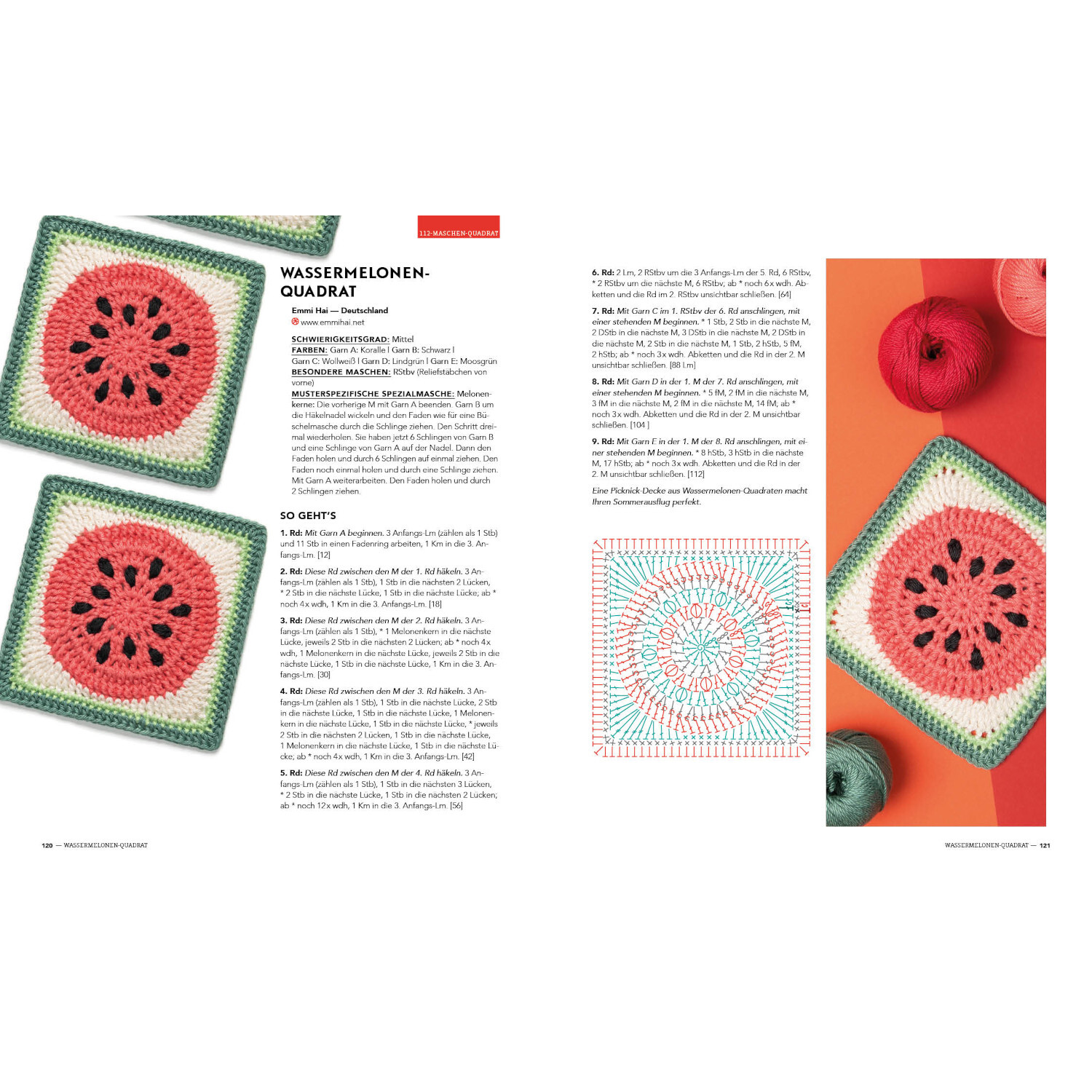 Musterbibel Granny Squares von Edition Michael Fischer  Musterbibel Granny Squares: Anleitung für Wassermelonen-Quadrat mit bunten Garnen und Häkelnadel.