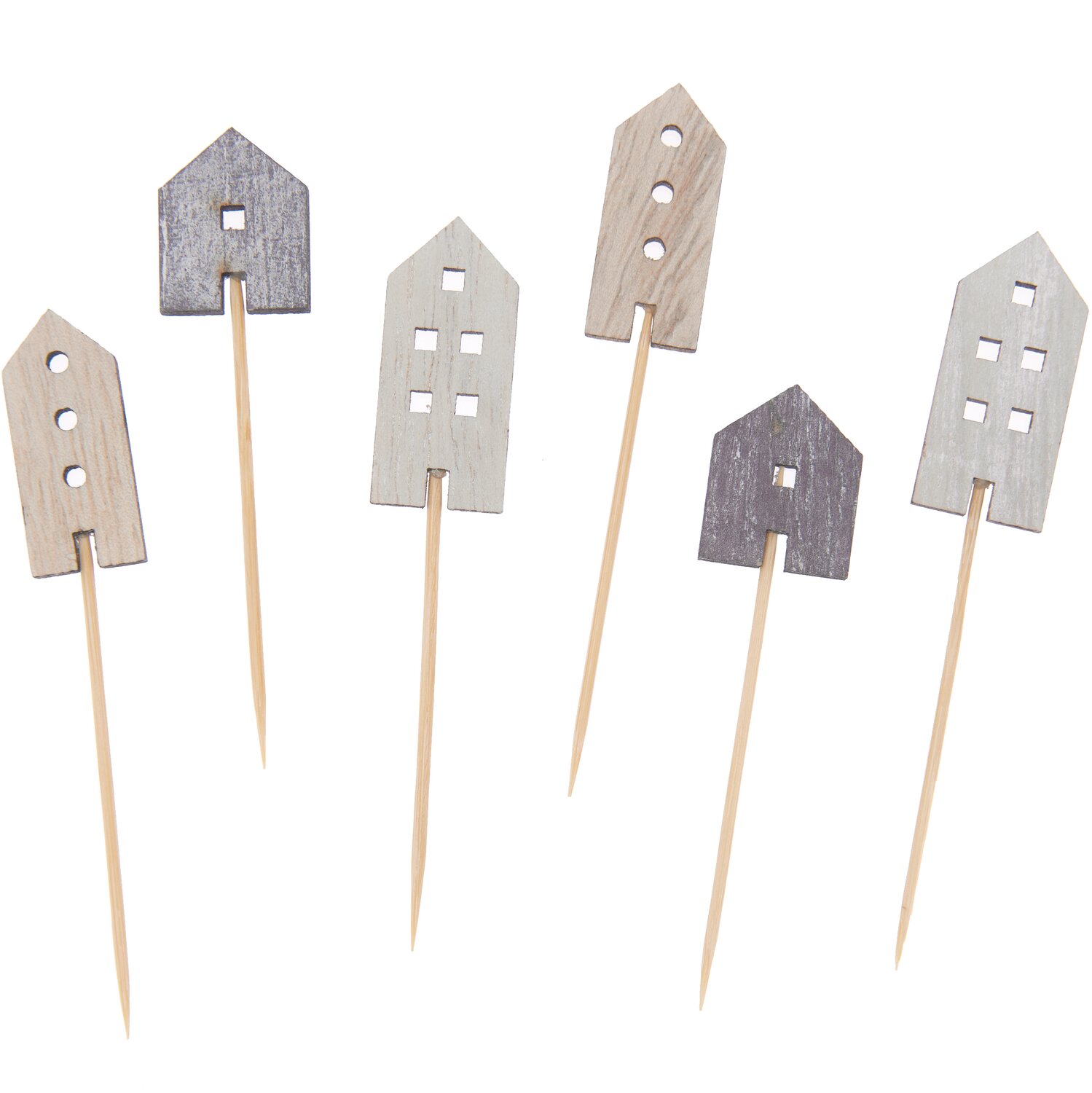 Deko-Picker Hafenstadt Mix natur, 6 Stück, zeigen kleine Häuserformen in neutralen Tönen. Ideal für kreative Dekorationen und Bastelprojekte.