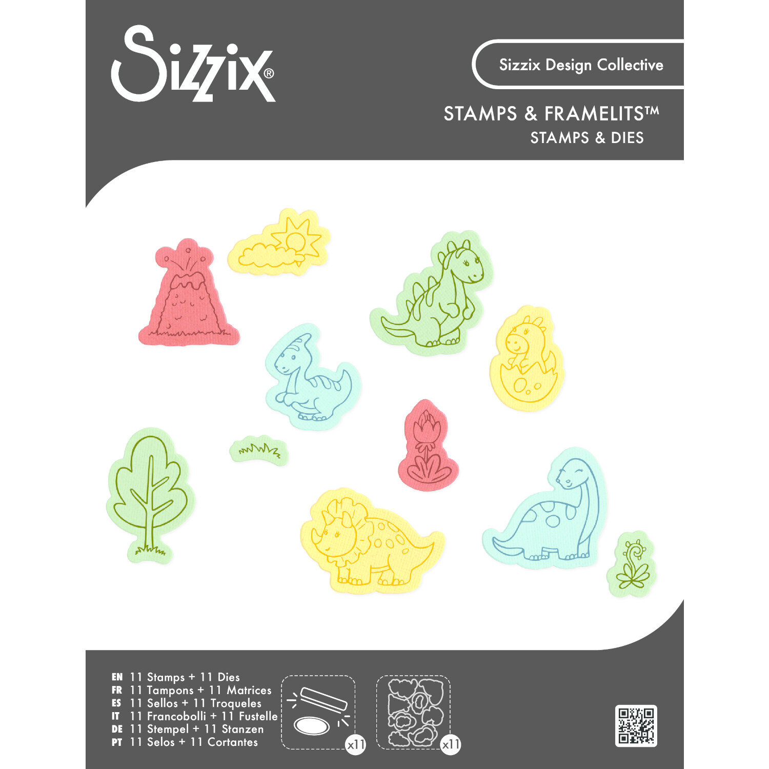 Sizzix Clear Stamps/Framelits Dinosaur Adventures Set 11 Stk mit bunten Dino-Motiven, Vulkan, Blättern und passenden Schneideschablonen für Bastelprojekte