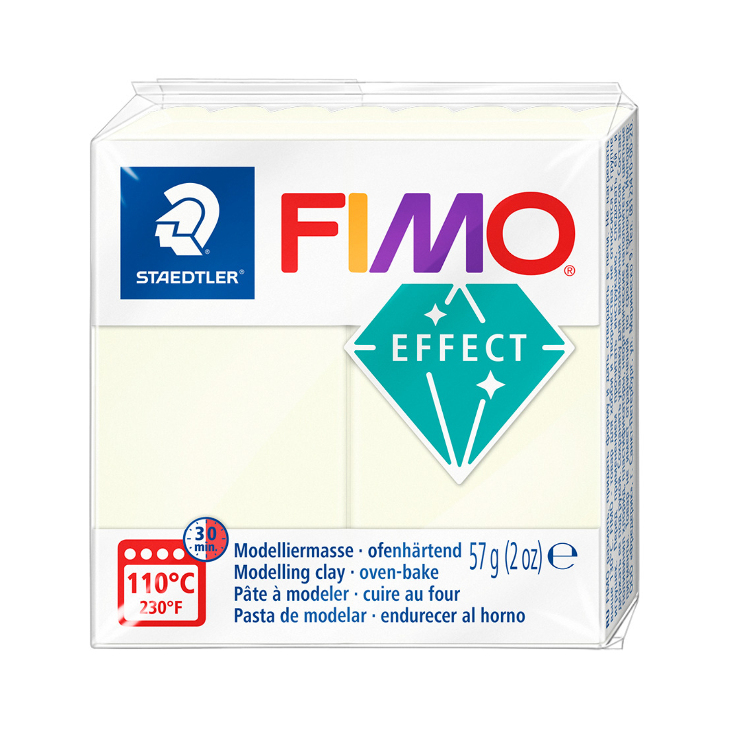 FIMO effect Modelliermasse von Staedtler, nachtleuchtend, 57g Packung, ofenhärtend bei 110°C.