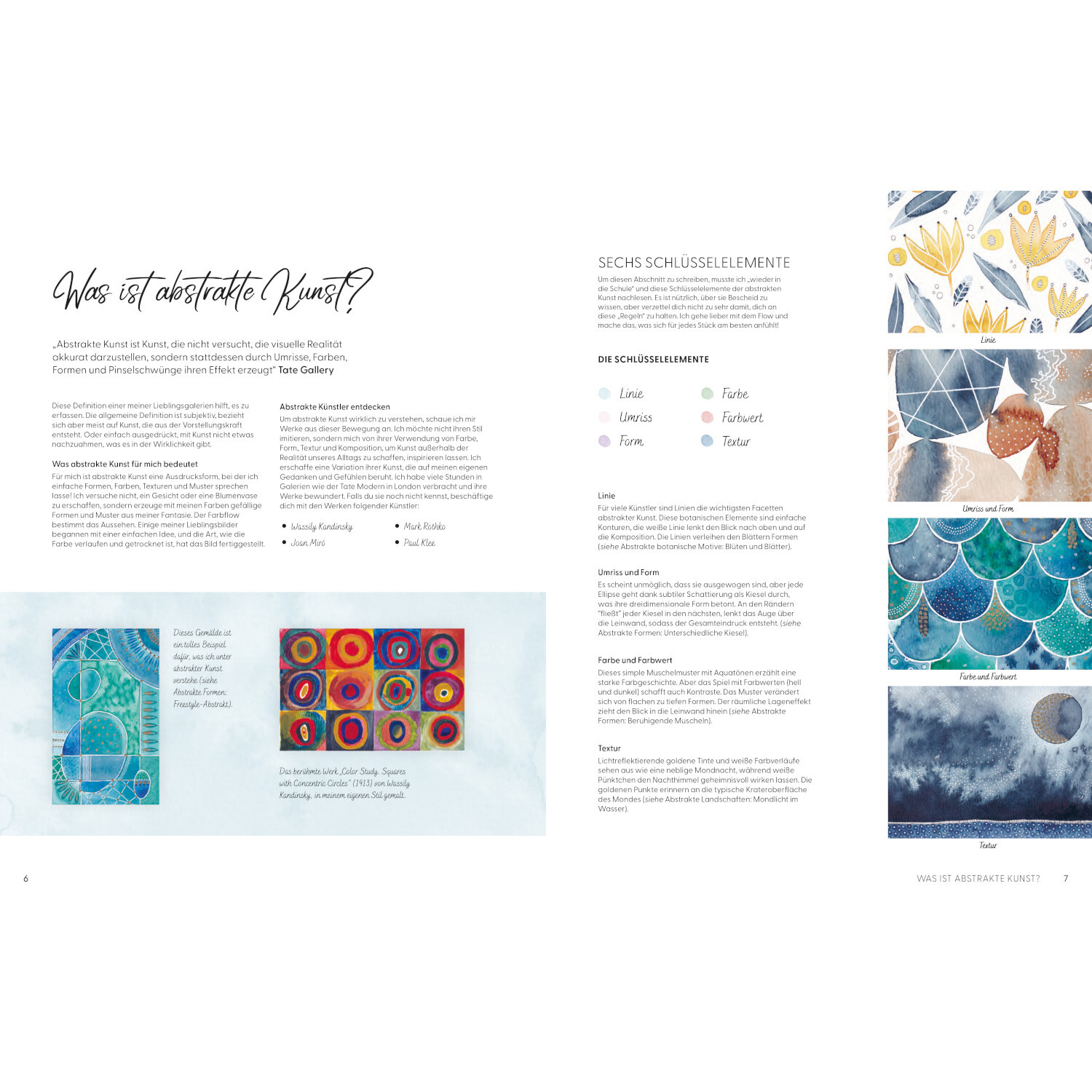 Abstract Watercolor: Doppelseite mit abstrakten Kunstwerken in Blau- und Erdtönen, Christophorus Verlag.