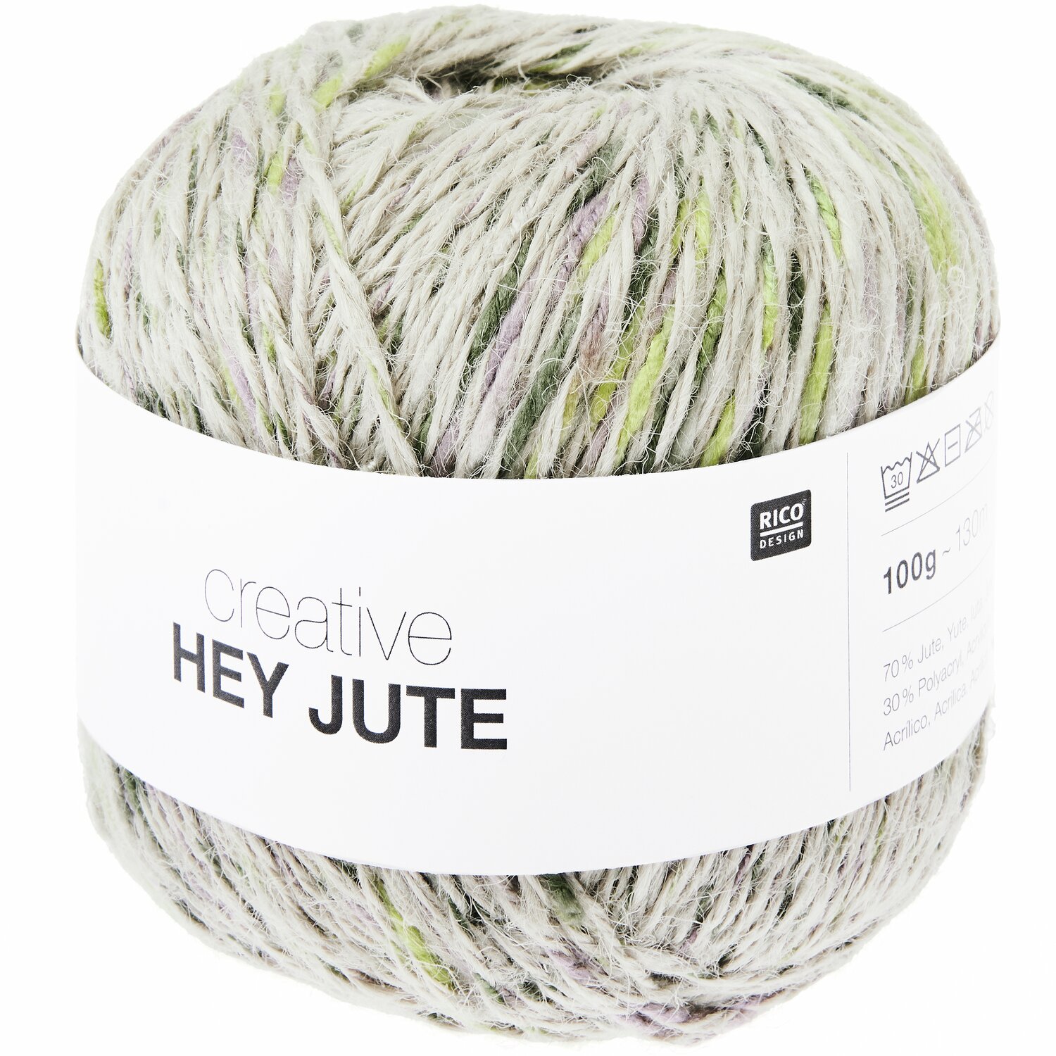 Creative "Hey Jute" Garn von Rico Design, 100g, 130m, in natürlichen Oliv- und Grautönen. Ideal für kreative Strickprojekte.