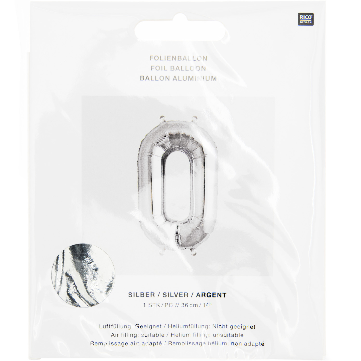 Folienballon Zahl silber 36cm Zahl von Rico Design Folienballon Zahl silber 36cm von Rico Design, in Verpackung, zeigt glänzende silberne Oberfläche. Ideal für Feiern und Dekorationen.