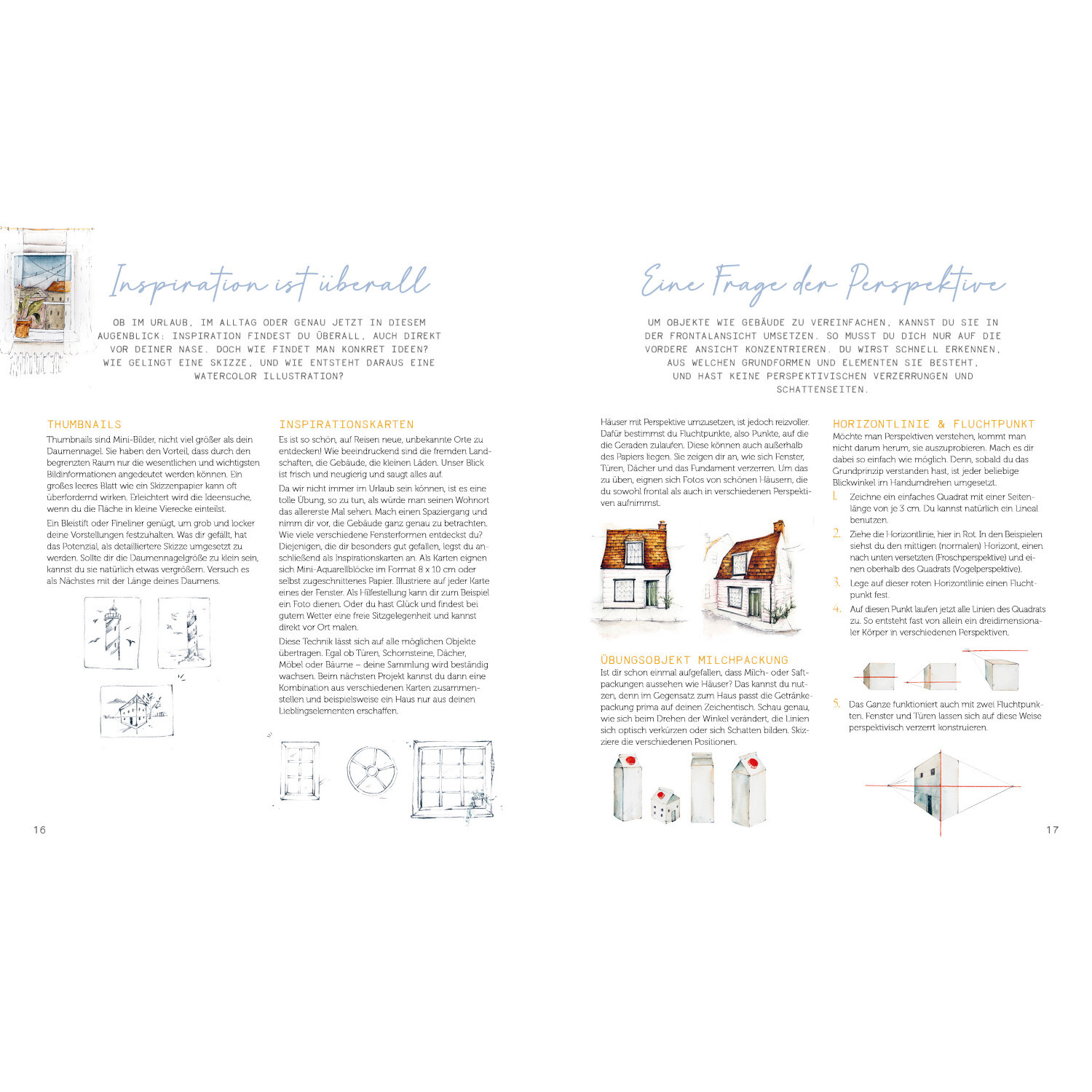 Secret Places - Watercolor: Doppelseite mit Illustrationen und Texten über Perspektive und Inspiration.