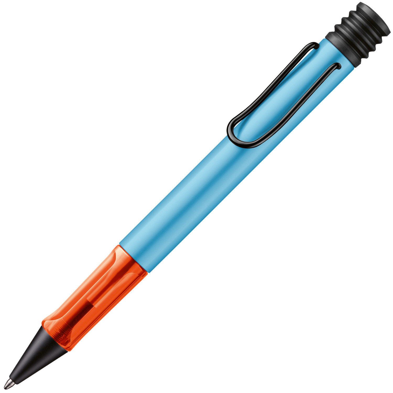 Lamy AL-star Kugelschreiber in Denim-Blau mit orangefarbenem Griff und schwarzem Clip.
