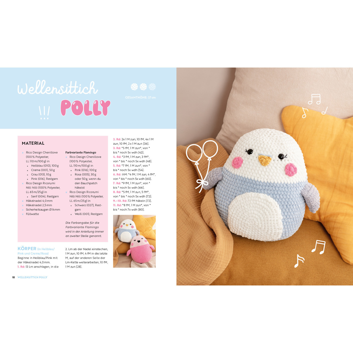 Happy Squishies häkeln - Niedliche Plüschtiere: Wellenstittich Polly in Blau und Weiß auf gelbem Kissen.