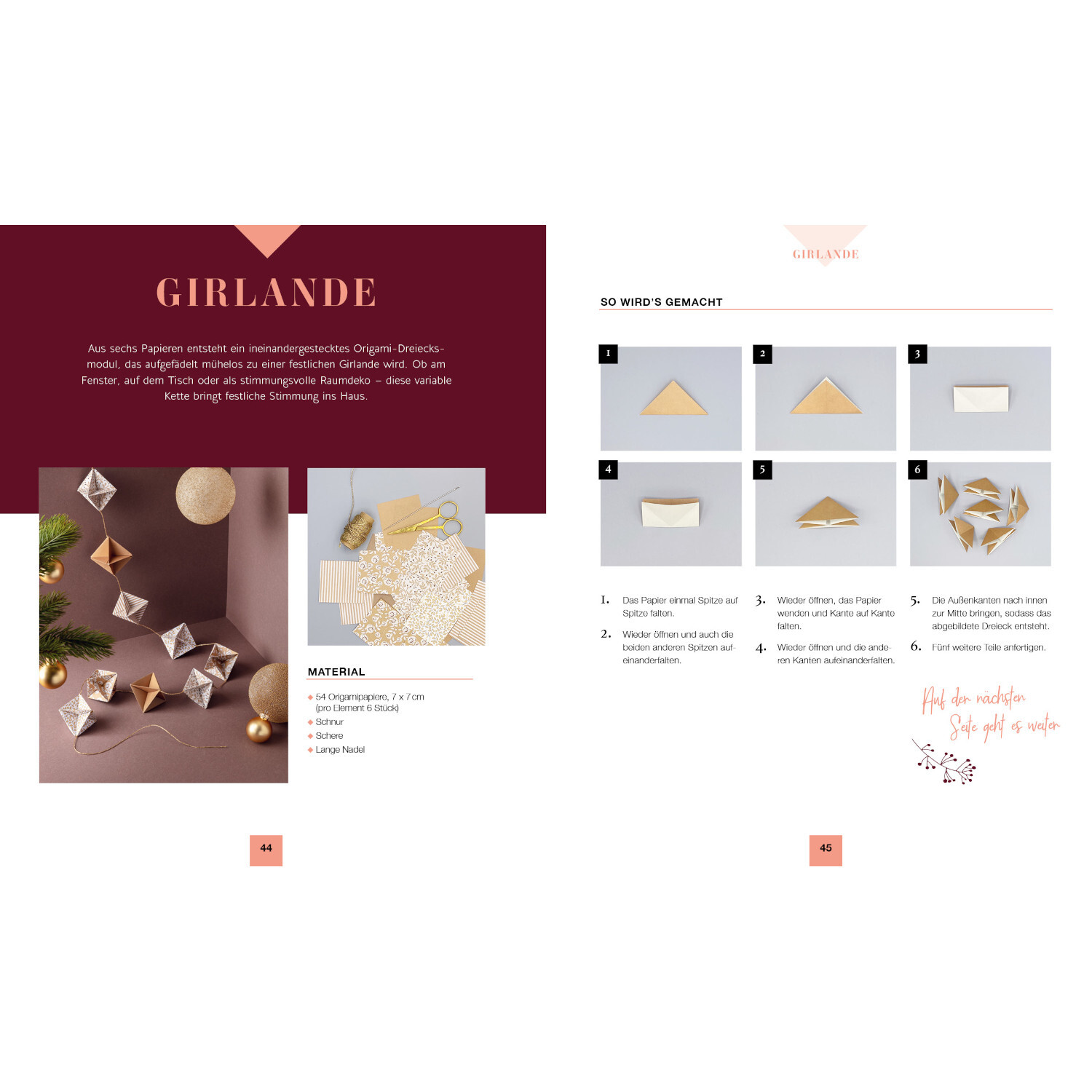 Modulare Origami: Weihnachtszauber zeigt eine Anleitung zur Herstellung einer Girlande mit Origami-Diamanten in festlichen Farben.