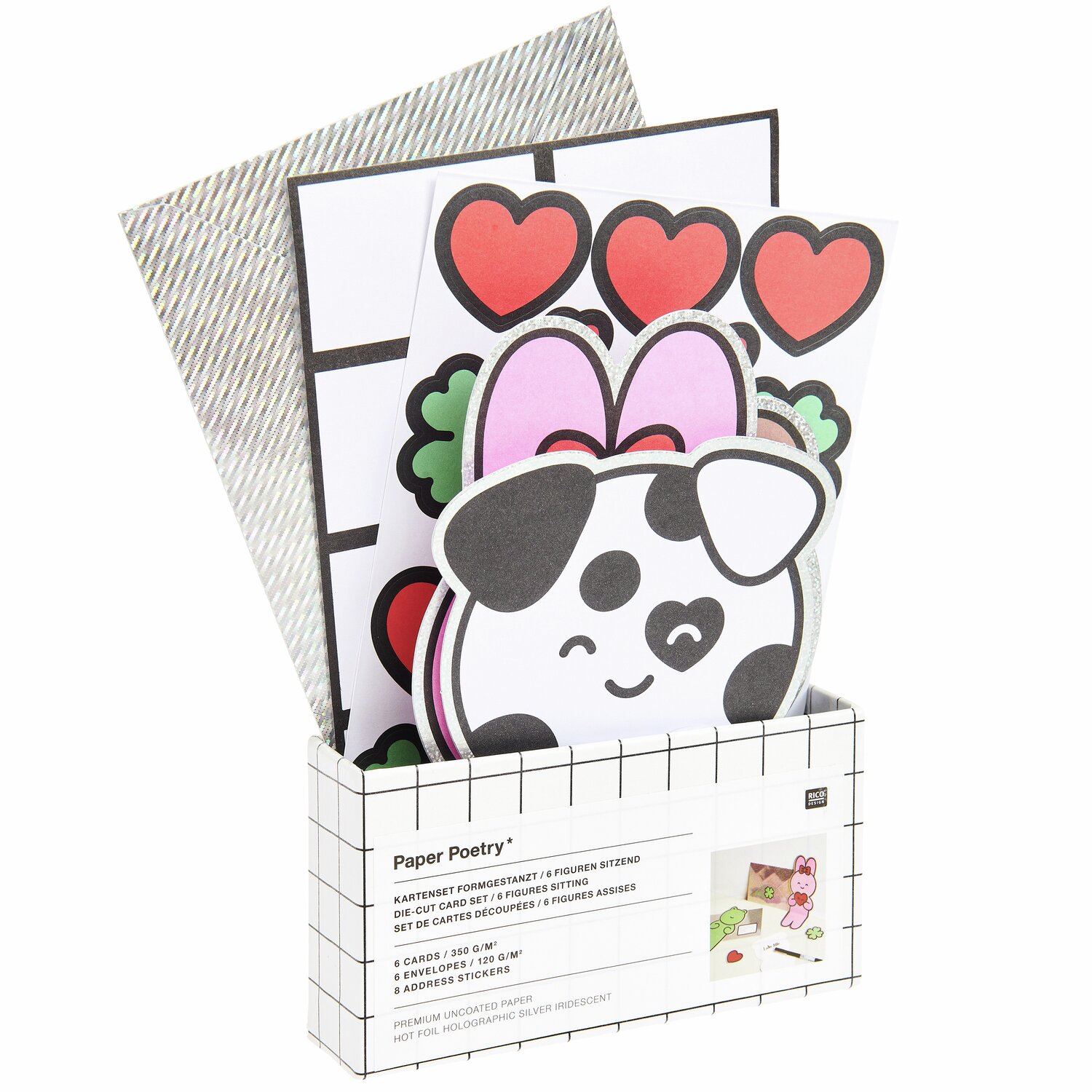 Paper Poetry Kartenset Chingu formgestanzt mit süßem Tiermotiv und Herzen, ideal für kreative Grüße. Enthält Karten und Umschläge im Format B6.