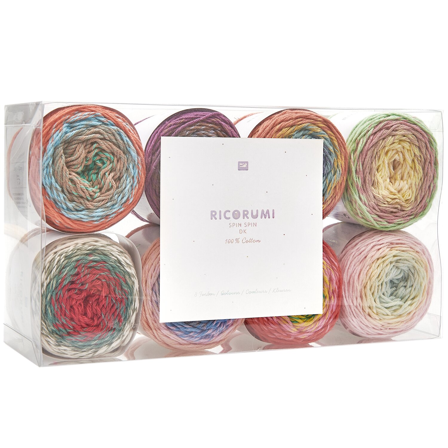 Ricorumi Spin Spin dk Set, 8x50g, vielseitiges Garnsortiment von Rico Design in Box mit mehrfarbigen Knäueln, ideal für kreative Häkel- und Strickprojekte