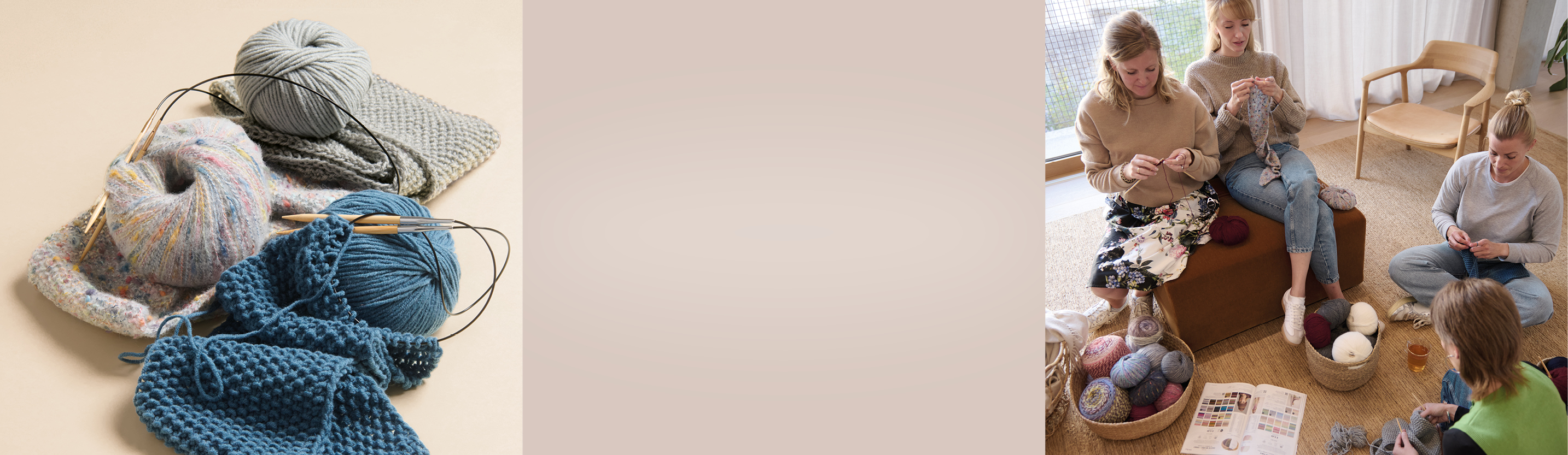 Drei verschiedene Strickstücke mit Garn und Rundstricknadeln, daneben ein beiger Farbausschnitt und daneben vier Personen, welche sitze und am Stricken sind.