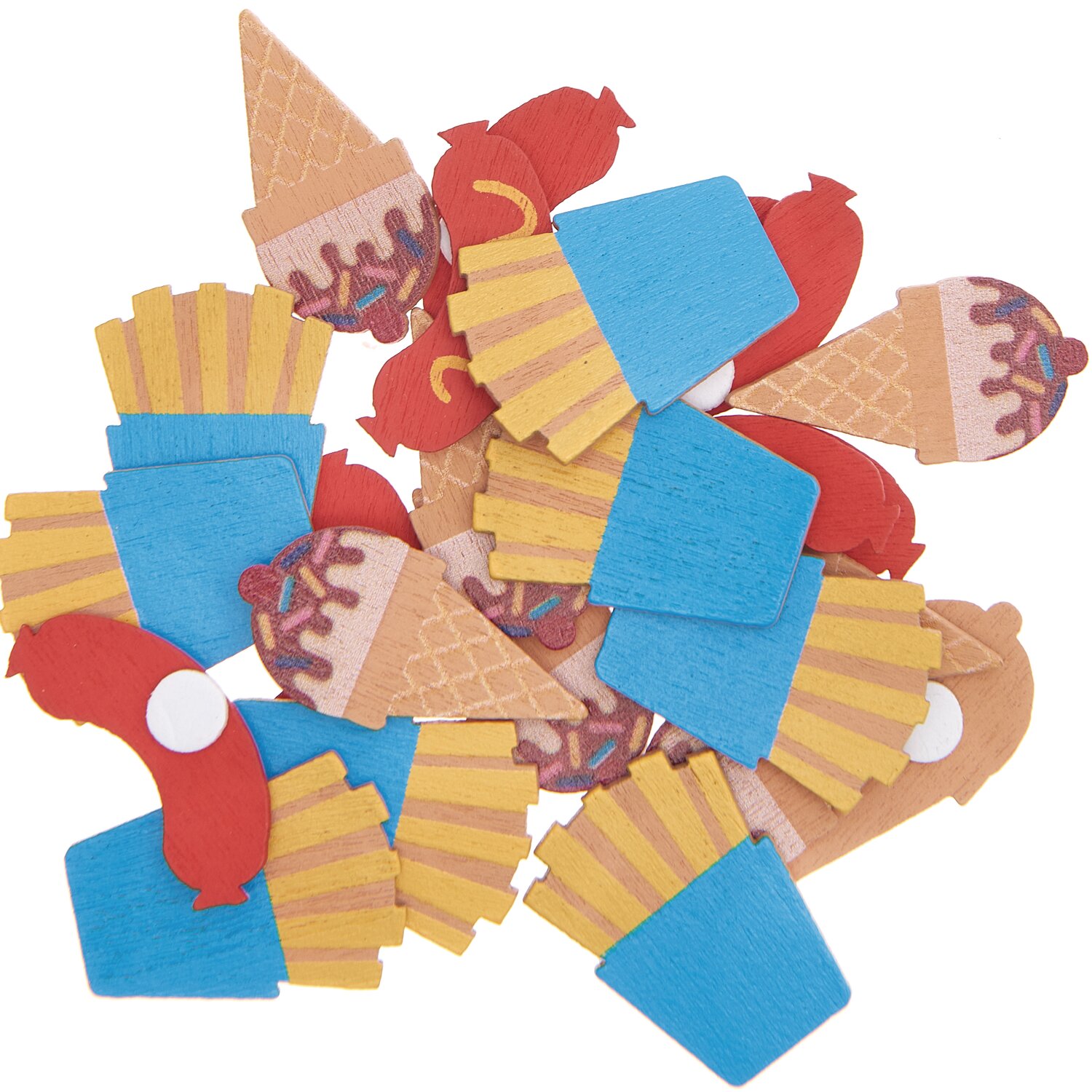 Holzsticker Snack Mix 24 Stück: Bunte Holzsticker in Form von Pommes, Eis und Würstchen. Ideal für kreative Bastelprojekte.