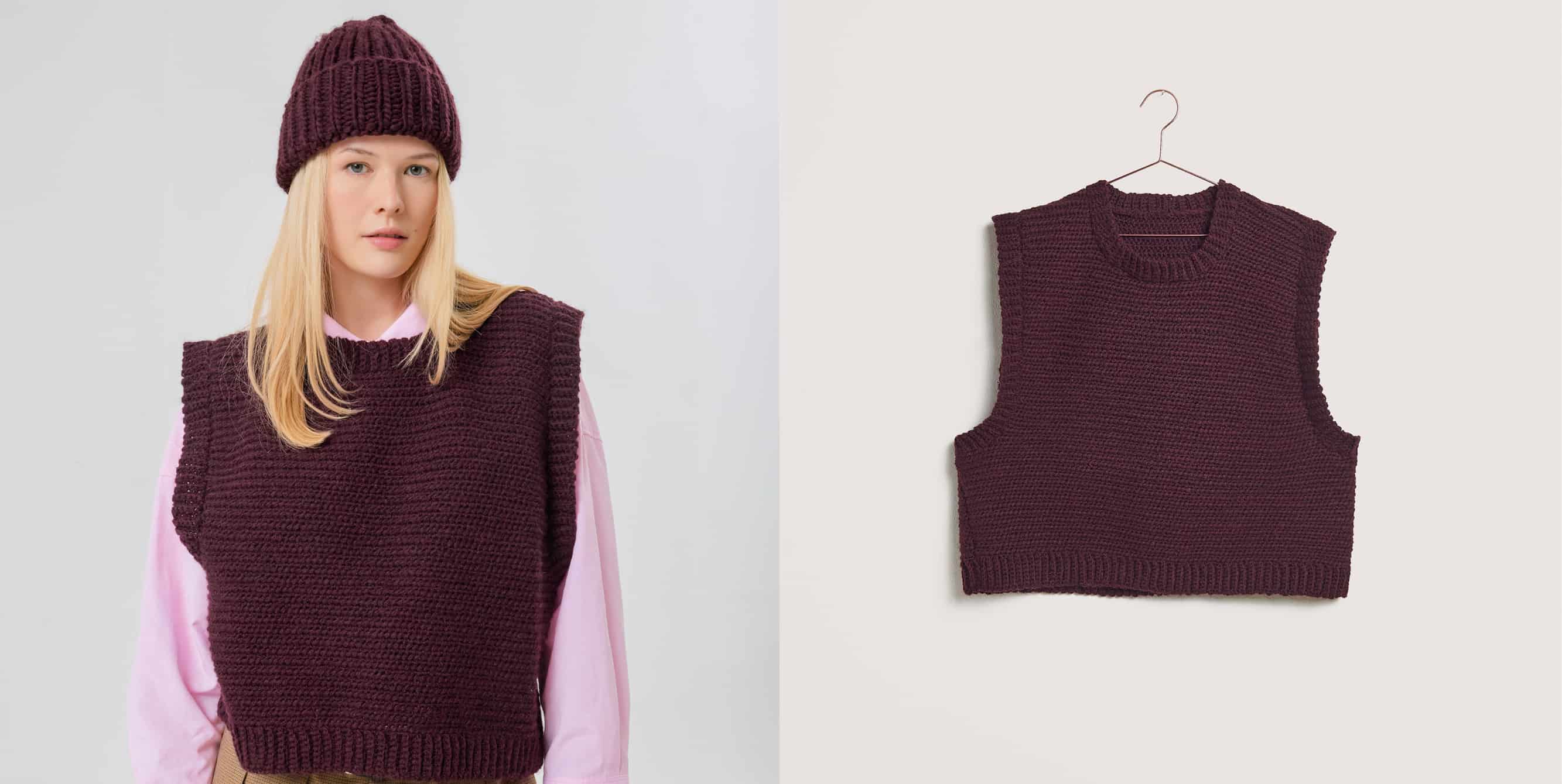 Gehäkelter Pullunder Modell 27 aus Made by Me No. 21 getragen an weiblichem Model und auf einem Bügel