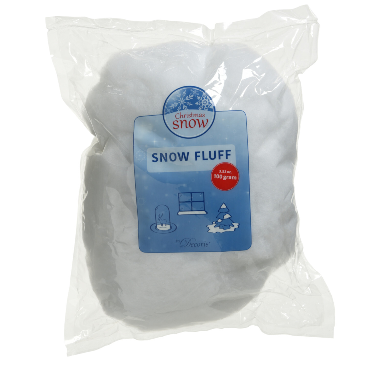 Schneewatte Polyester Weiß, ideal für Dekorationen. Verpackung zeigt 100g Inhalt, Maße 38x25x3cm.