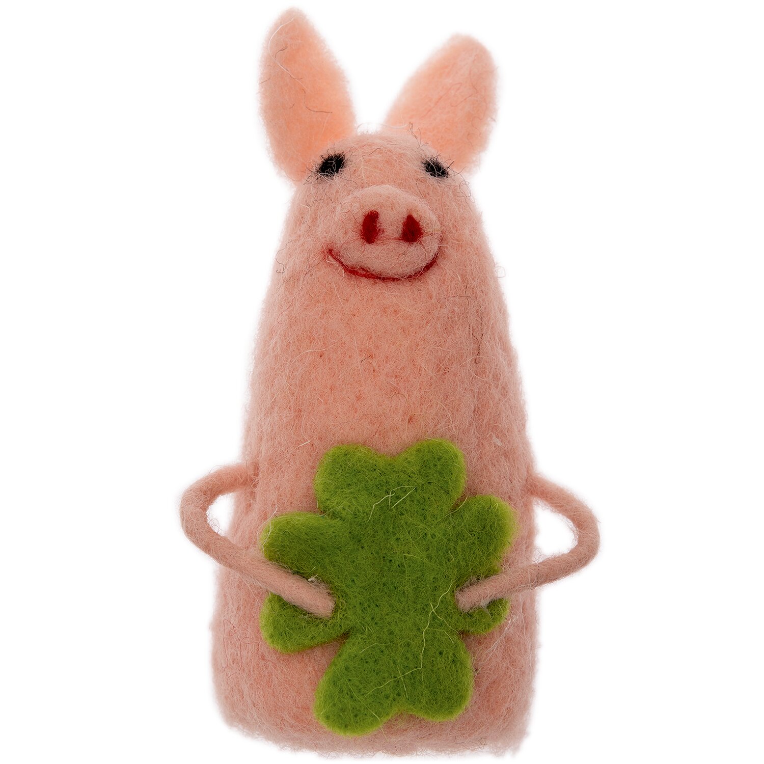 Glücksschweinchen handgefilzt 13cm hält ein grünes Kleeblatt. Rosa Filz, ideal als Deko.