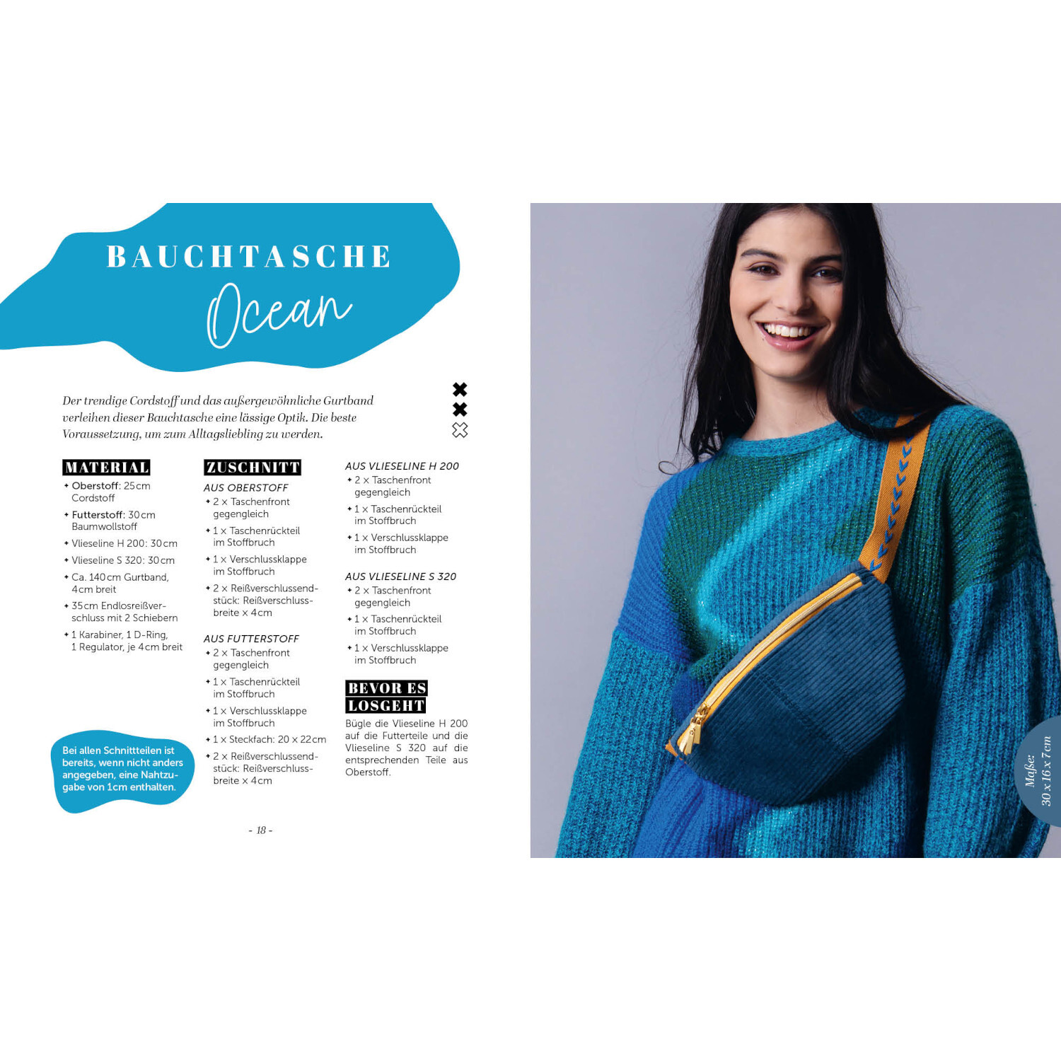 Bauchtasche nähen von Edition Michael Fischer  Bauchtasche nähen: Frau trägt eine blaue Strickjacke mit gelber Bauchtasche. Marke: EMF.