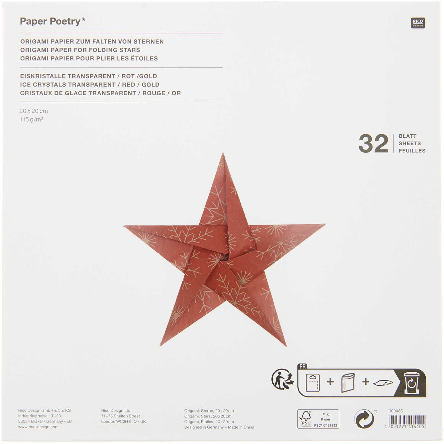 Paper Poetry Bascetta Origamipapier zeigt ein rotes, gefaltetes Sternmotiv auf der Verpackung. Ideal für kreative Bastelprojekte.