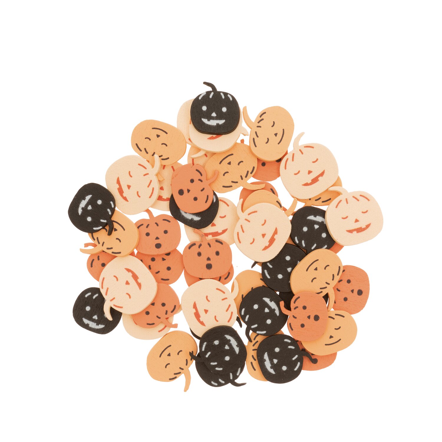 Holzstreu Kürbis Mix orange-schwarz 48 Stück zeigt Kürbisformen in Orange und Schwarz, ideal für herbstliche Dekorationen.
