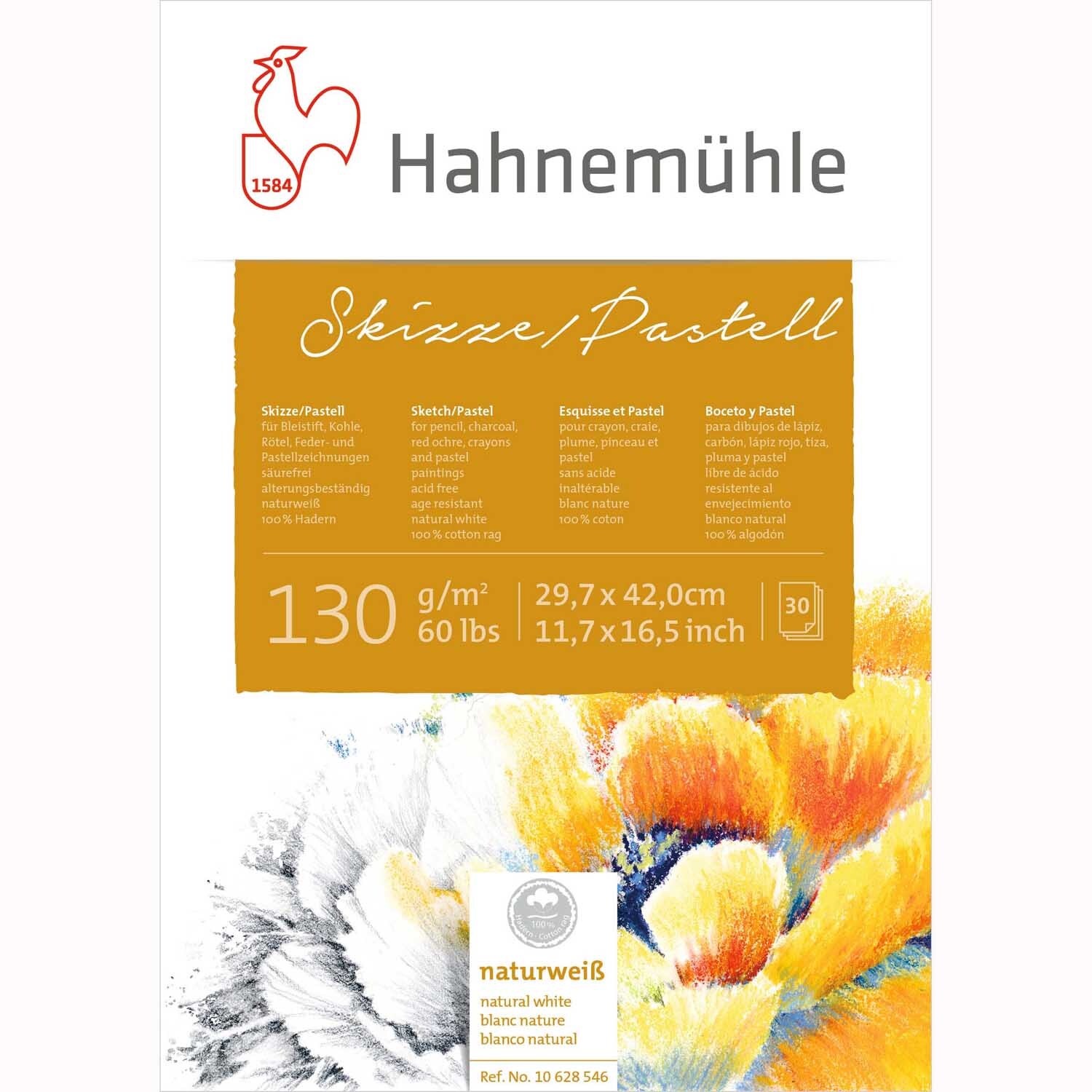 Block Skizze/Pastell 130g/m² 30 Blatt von Hahnemühle mit farbenfrohem Blumenmuster auf dem Cover.