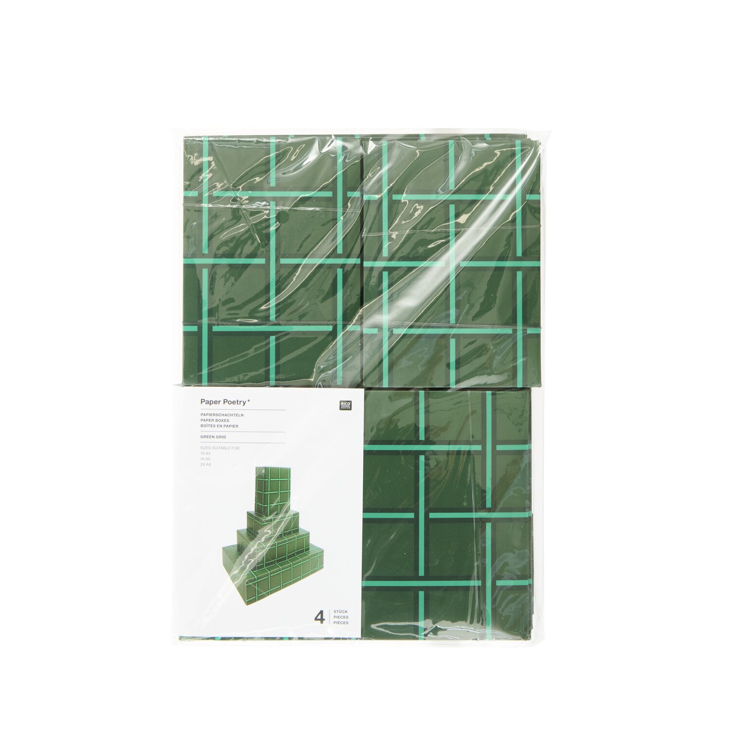 Paper Poetry Papierschachtel Set Raster 4-teilig Farbe Grün von Rico Design Paper Poetry Papierschachtel Set Raster, 4 grüne Boxen von Rico Design, verpackt in Folie. Ideal für kreative Projekte und stilvolle Aufbewahrung.