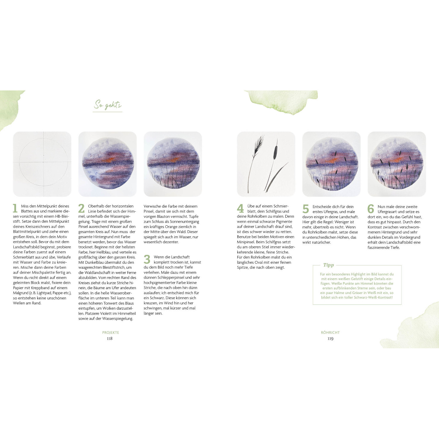 Boho Watercolor Flowers & Garden: Doppelseite mit Anleitungen und Aquarellbildern in sanften Farben.