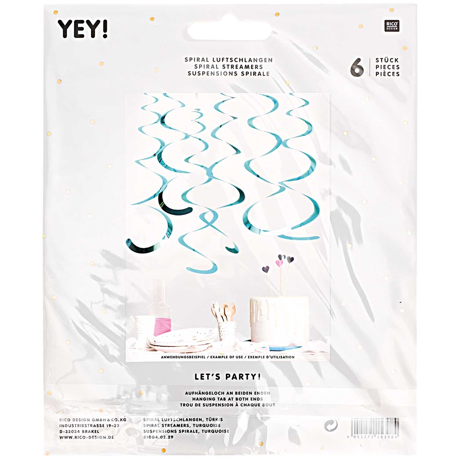 Spiralluftschlangen 50cm 6 Stück Farbe Türkis von Rico Design Spiralluftschlangen 50cm 6 Stück: Dekorative türkisfarbene Spiralen von Rico Design, ideal für Partys.