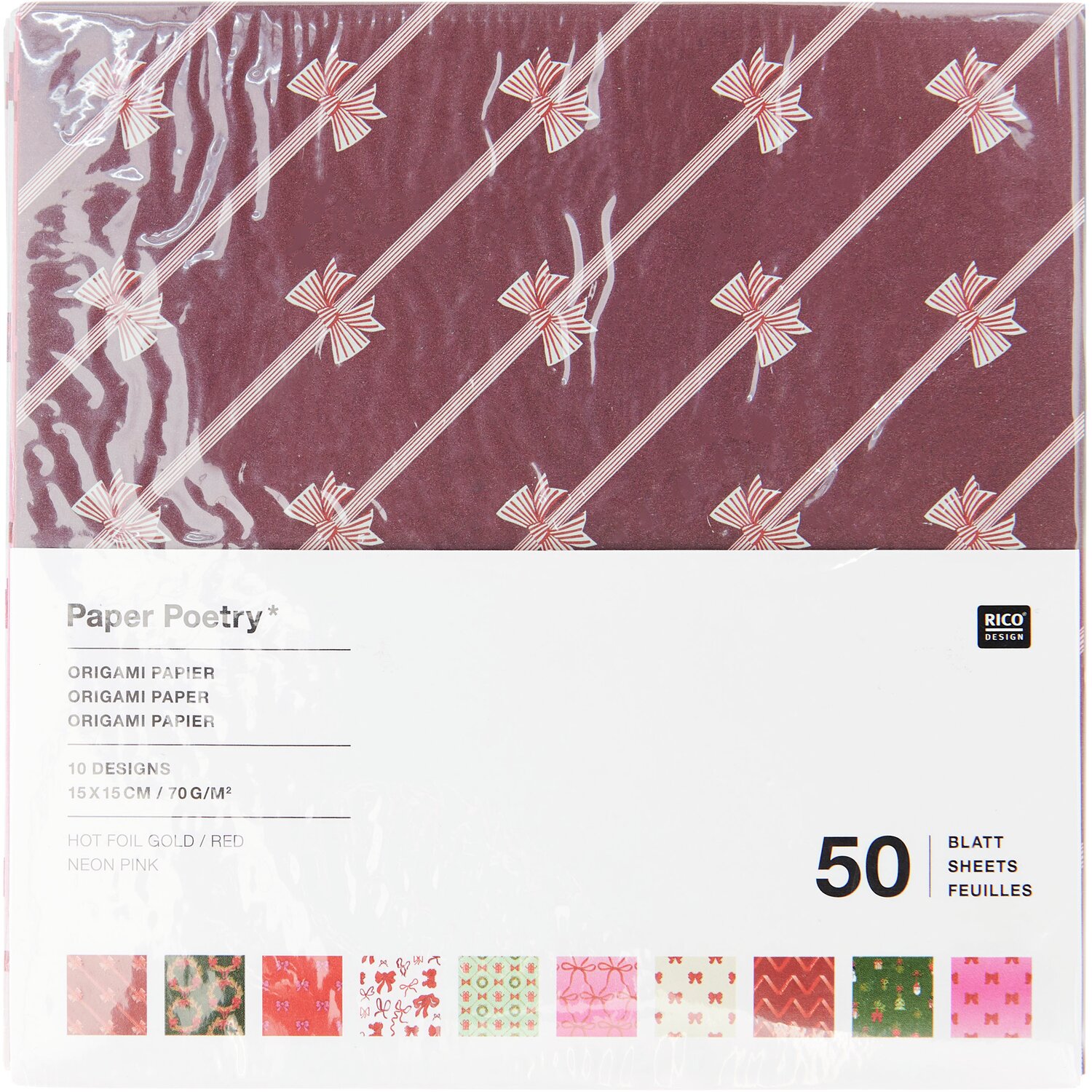 Paper Poetry Origamipapier Put a Bow on It, 15x15 cm, 50 Blatt, mit Schleifenmuster auf rotem Hintergrund. Ideal für kreative Bastelprojekte.