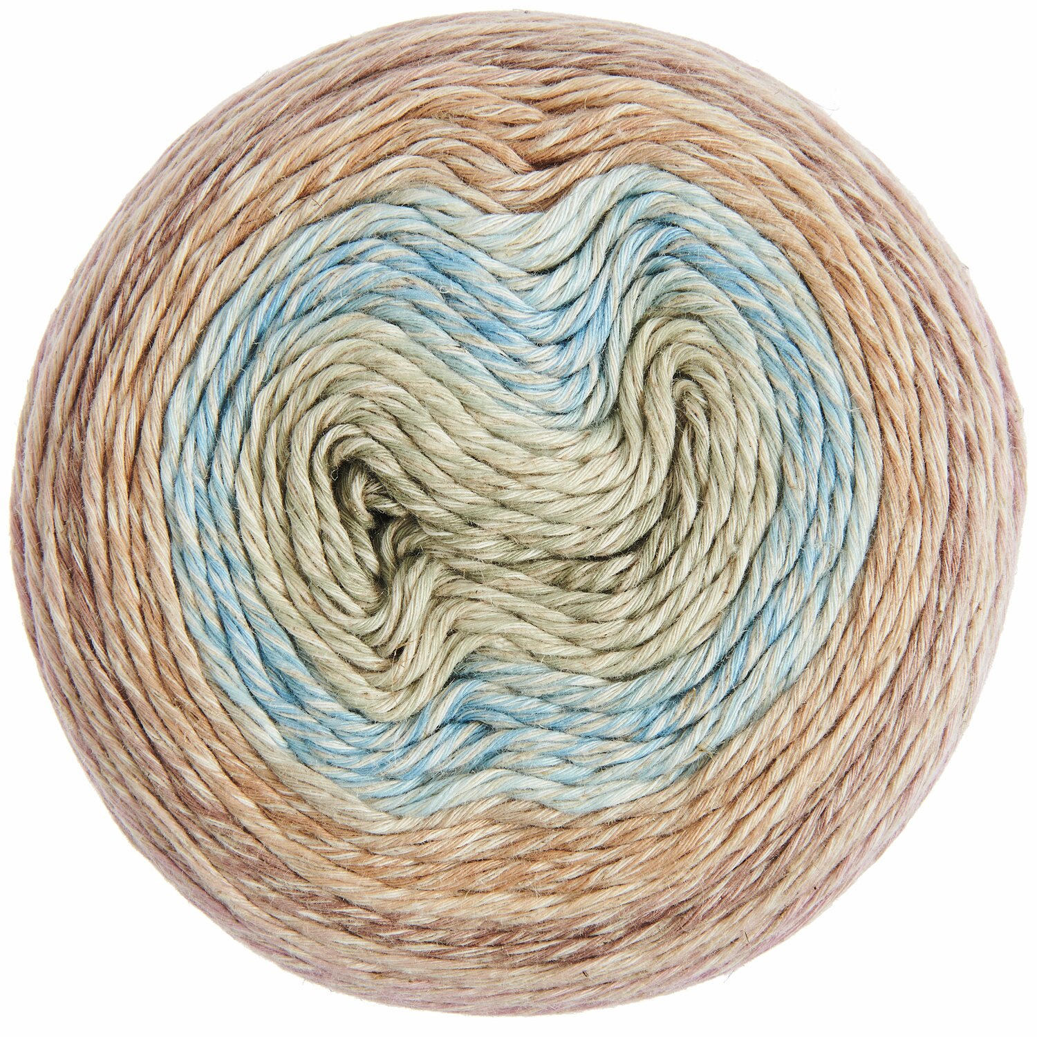 Creative Cotton Linen Cake, 200g 480m, zeigt sanfte Farbverläufe in Beige, Blau und Grün. Ideal für Strick- und Häkelprojekte.