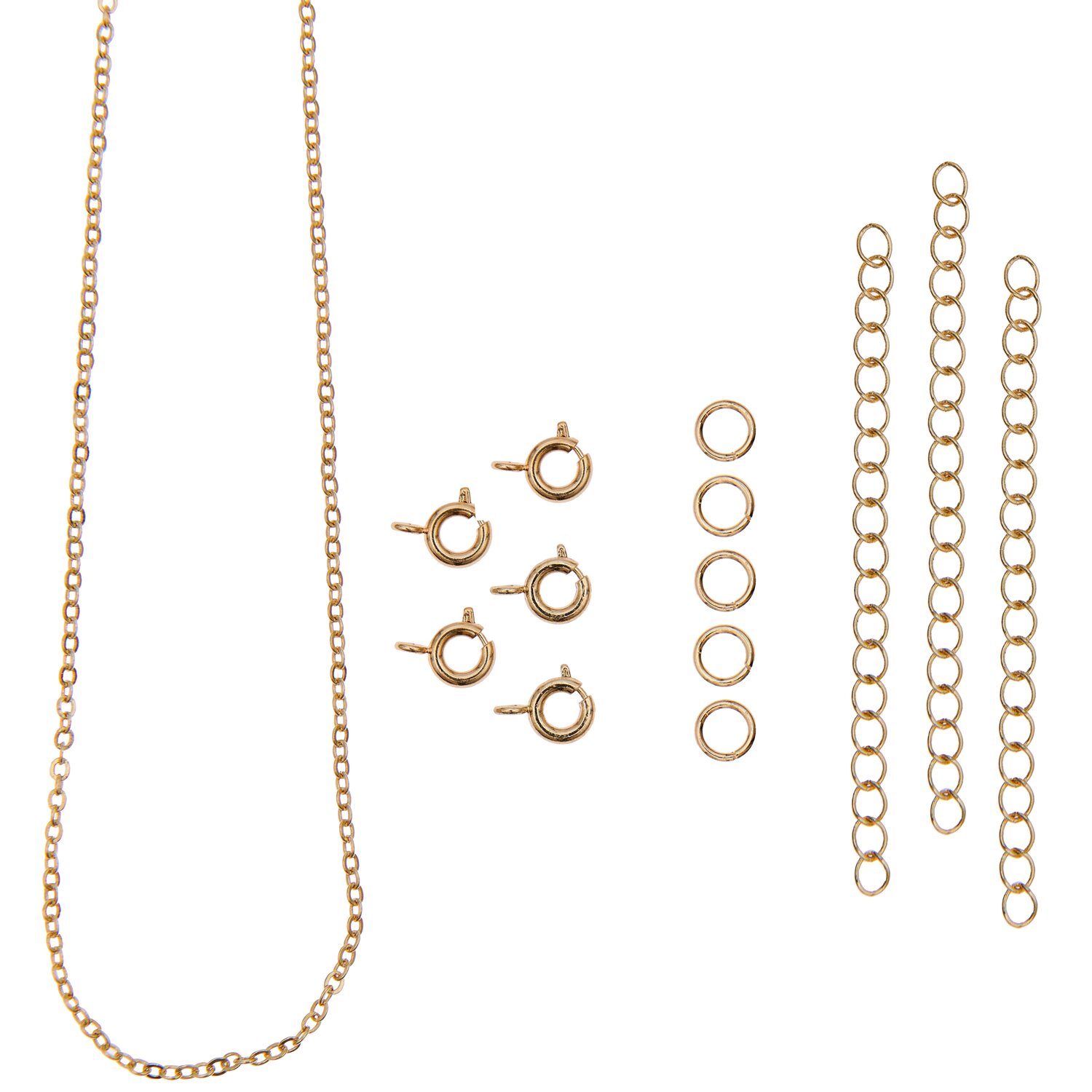 Federring-Verschlüsse und Ketten gold, Rico Design, 14-teiliges Schmuckzubehör-Set mit Kette, Verlängerungsketten, Federringen und Ösen für DIY-Schmuck