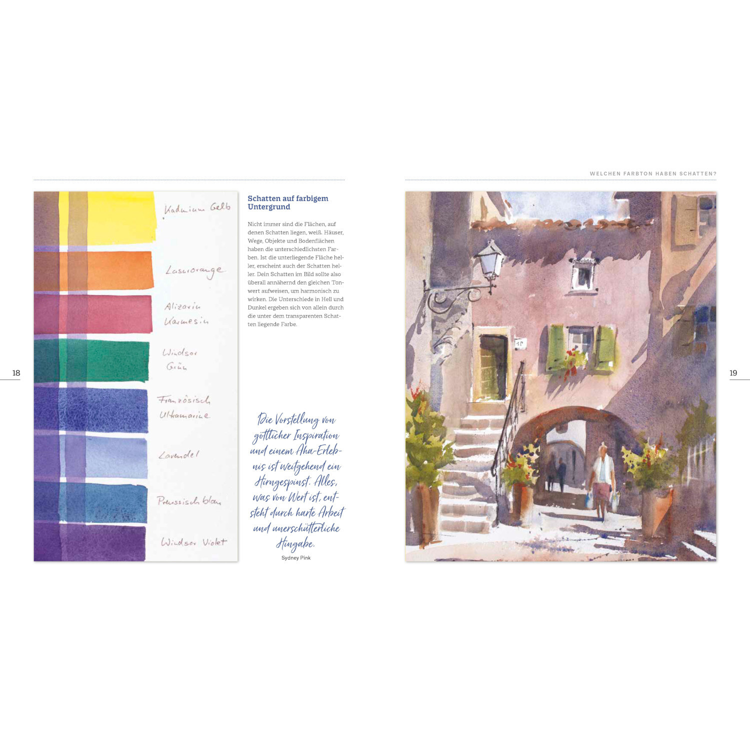 Aquarellmalerei Licht & Schatten: Doppelseite mit Farbmuster und mediterraner Straßenszene.